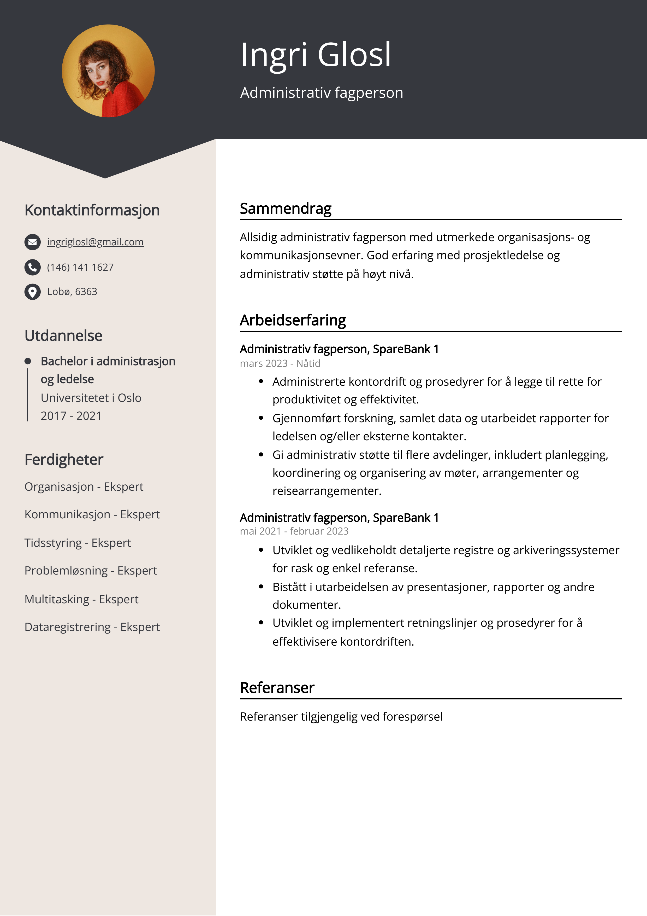 Eksempel på CV for administrativ fagperson