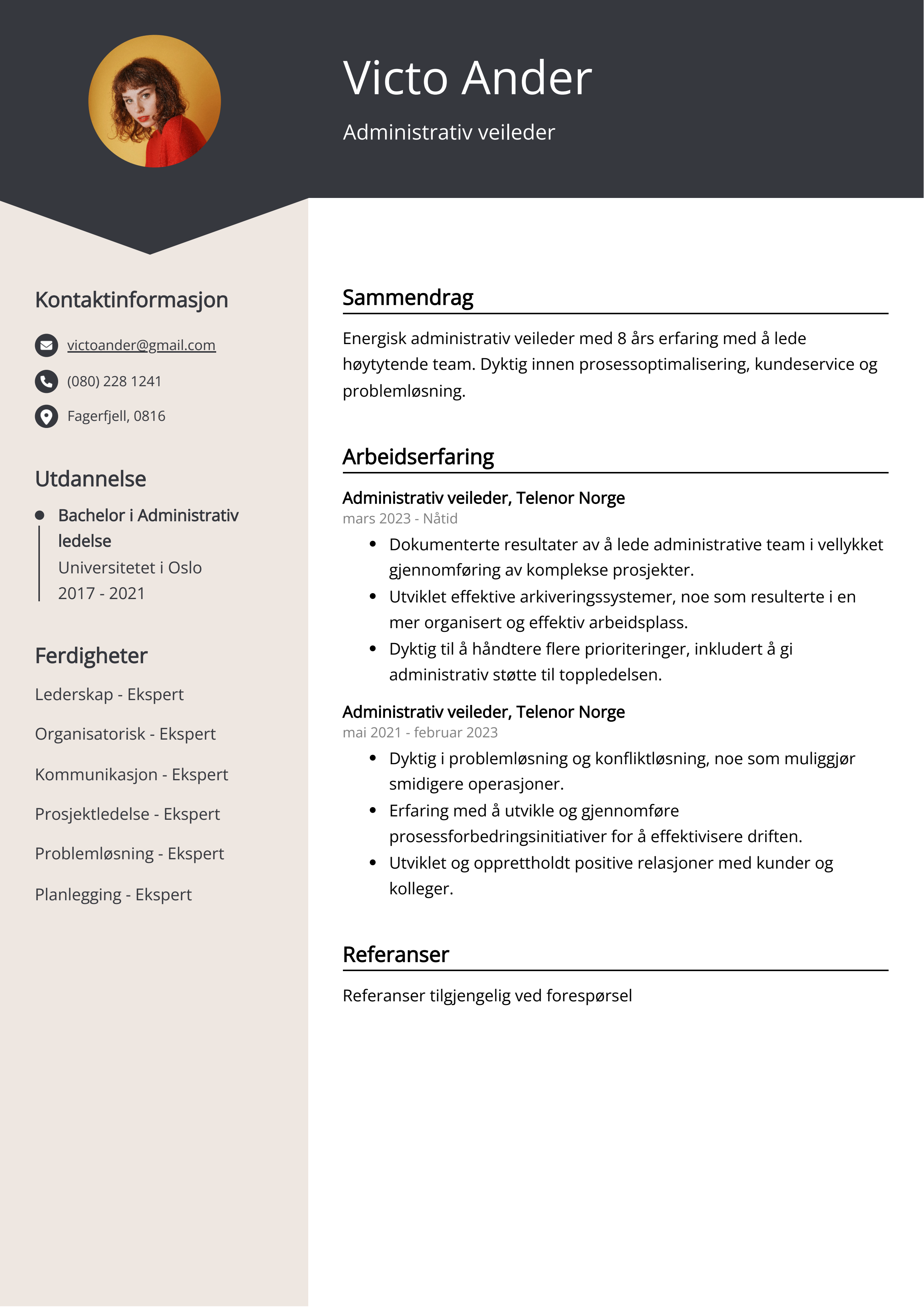 Eksempel på CV for administrativ veileder