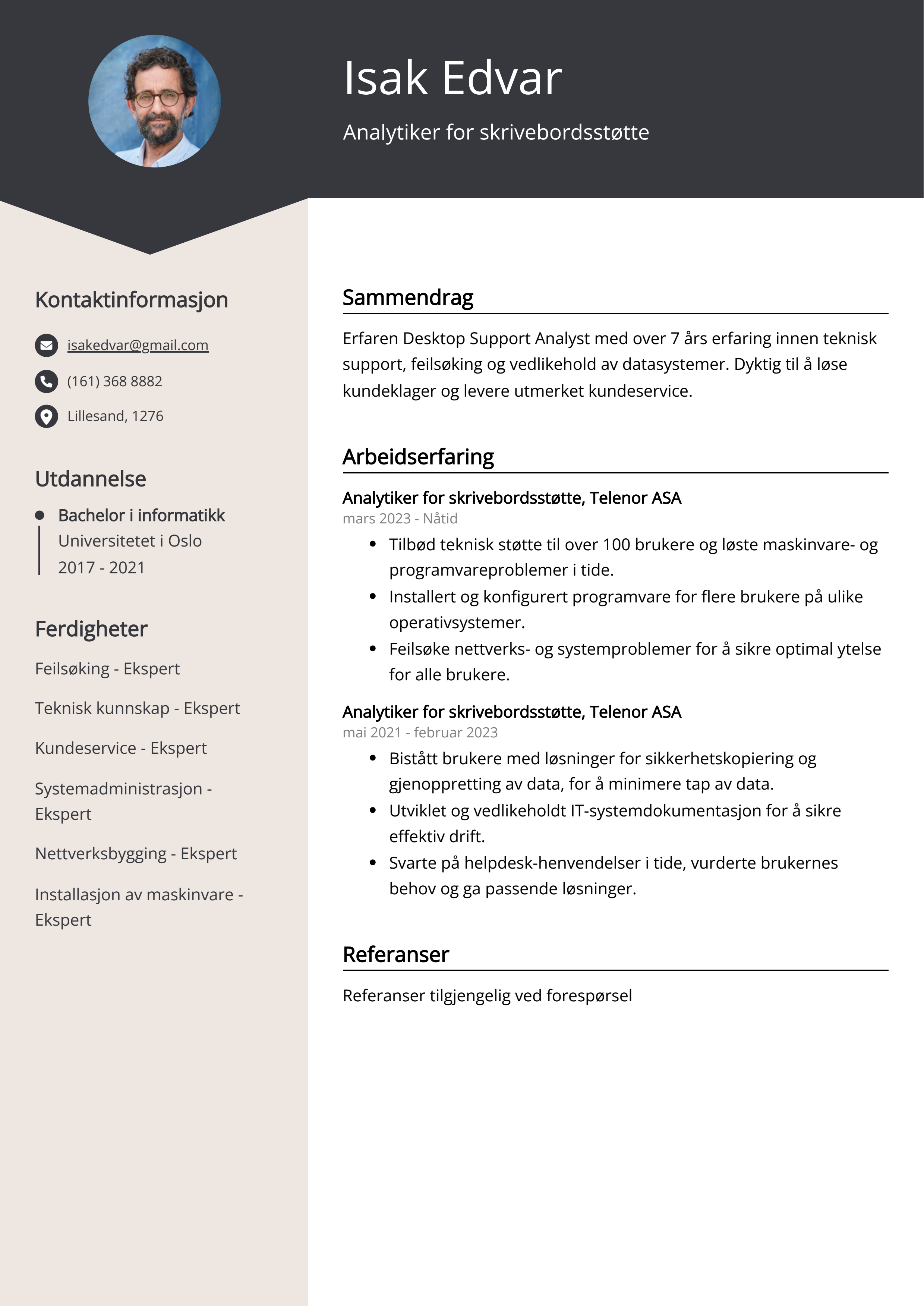 Analytiker for skrivebordsstøtte CV-eksempel