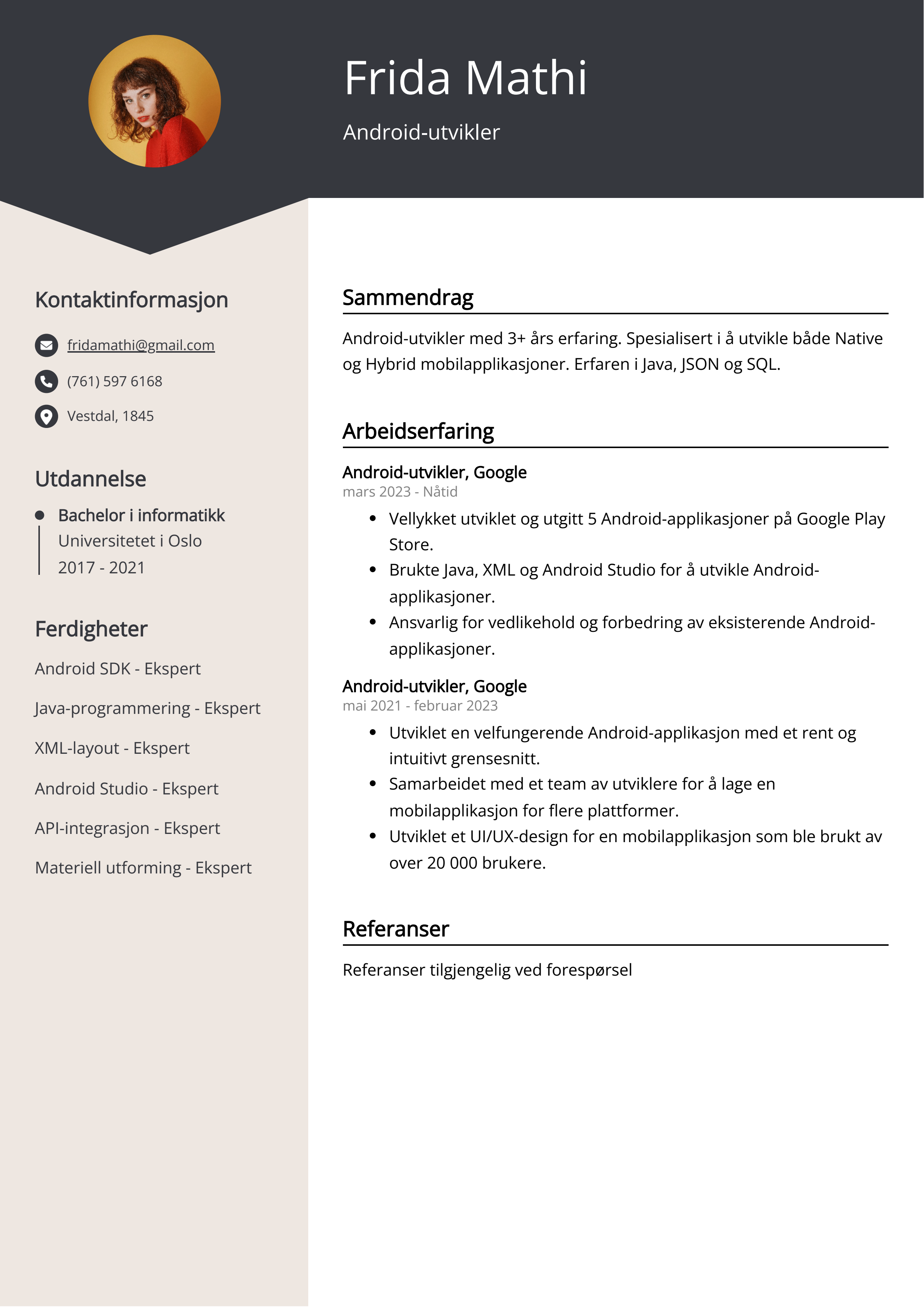 Eksempel på CV for Android-utviklere