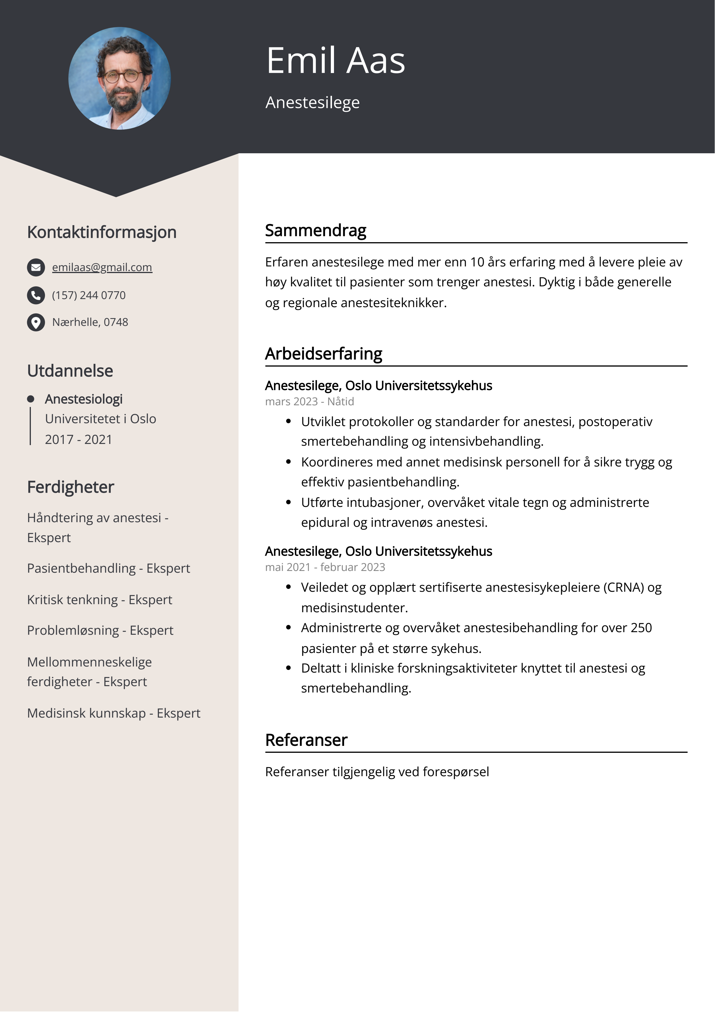 Anestesilege CV-eksempel