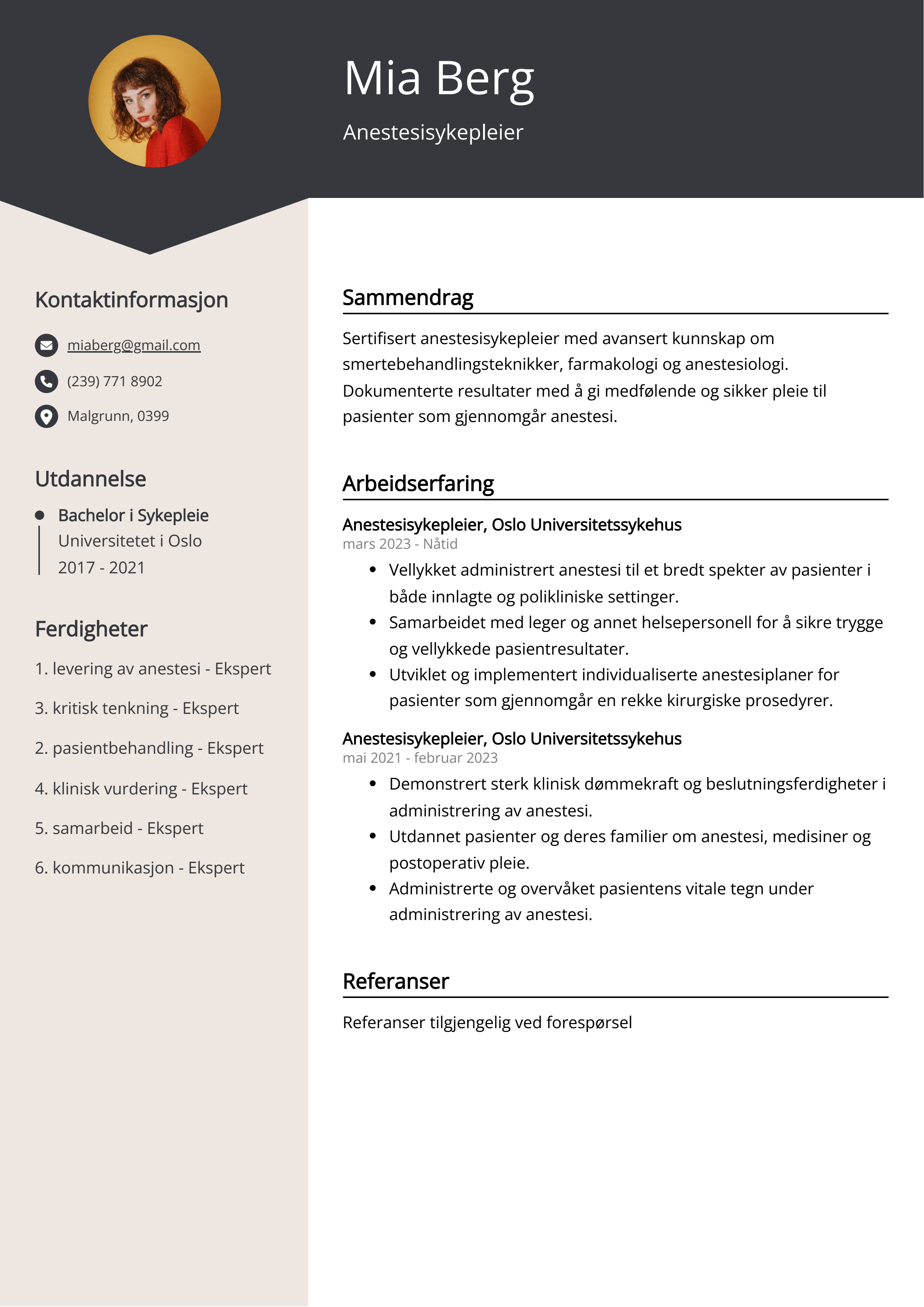 Anestesisykepleier CV-eksempel