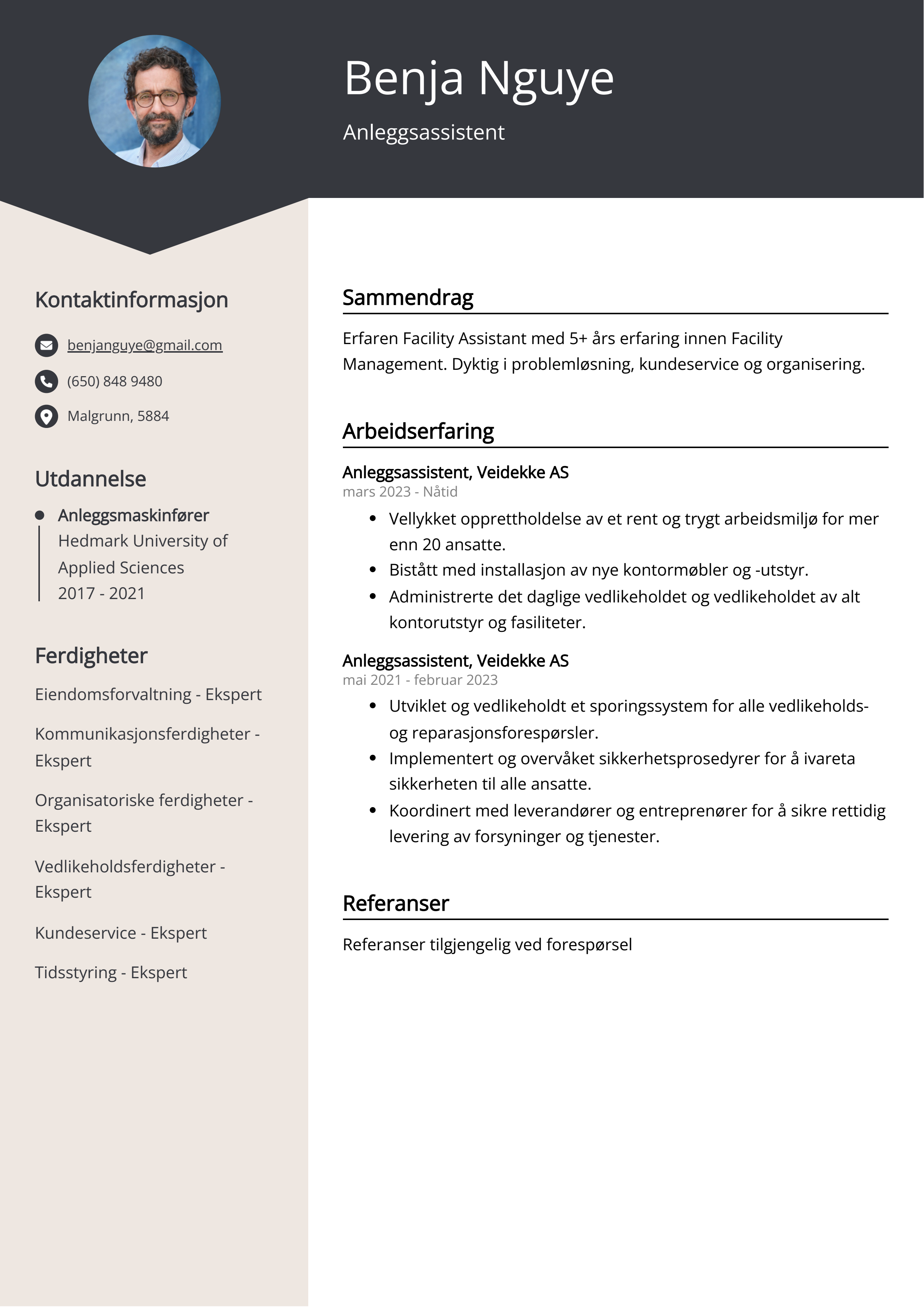 Anleggsassistent CV Eksempel