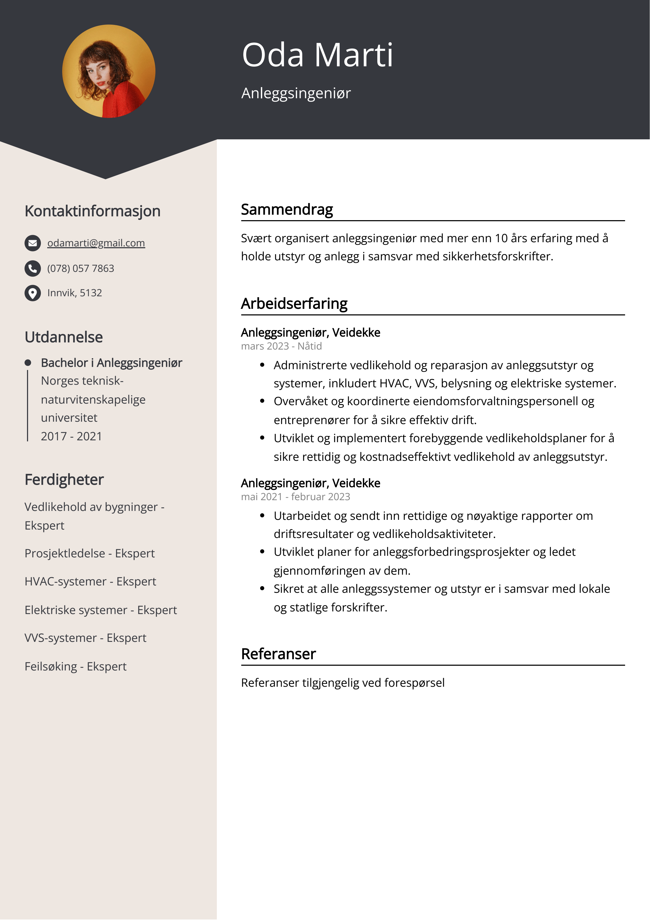 Anleggsingeniør CV-eksempel