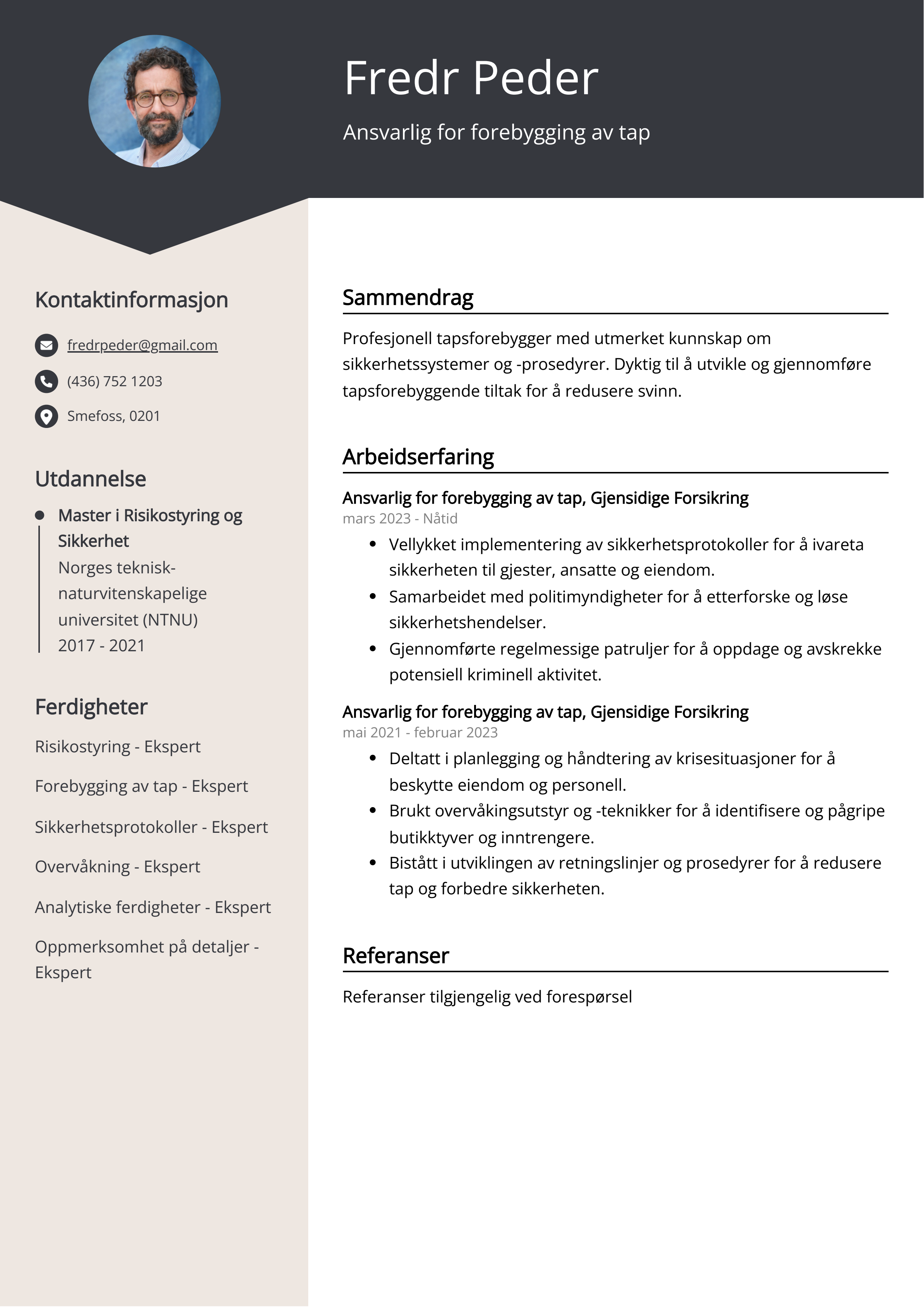 Ansvarlig for forebygging av tap Resume Example