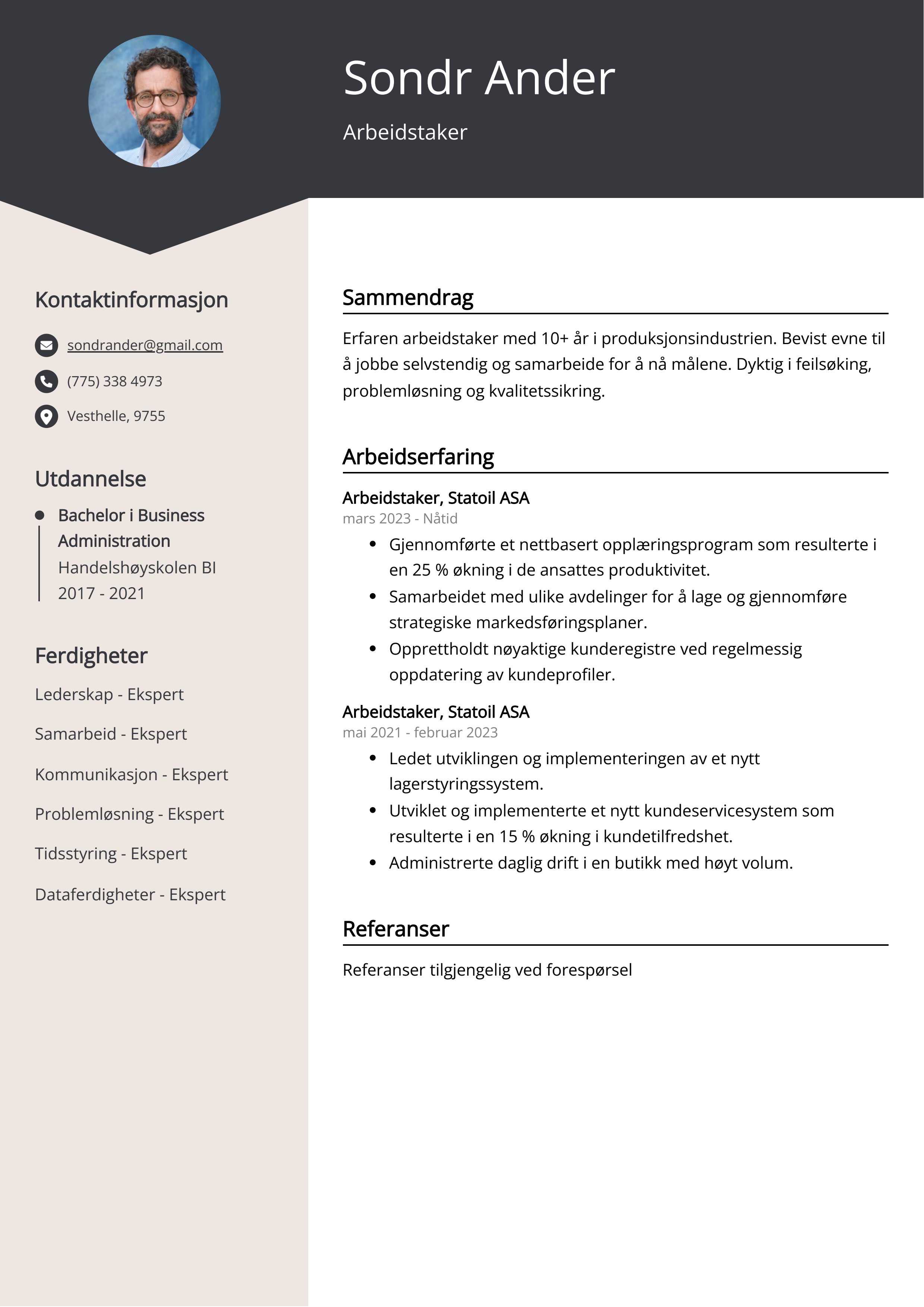 Arbeidstaker CV-eksempel