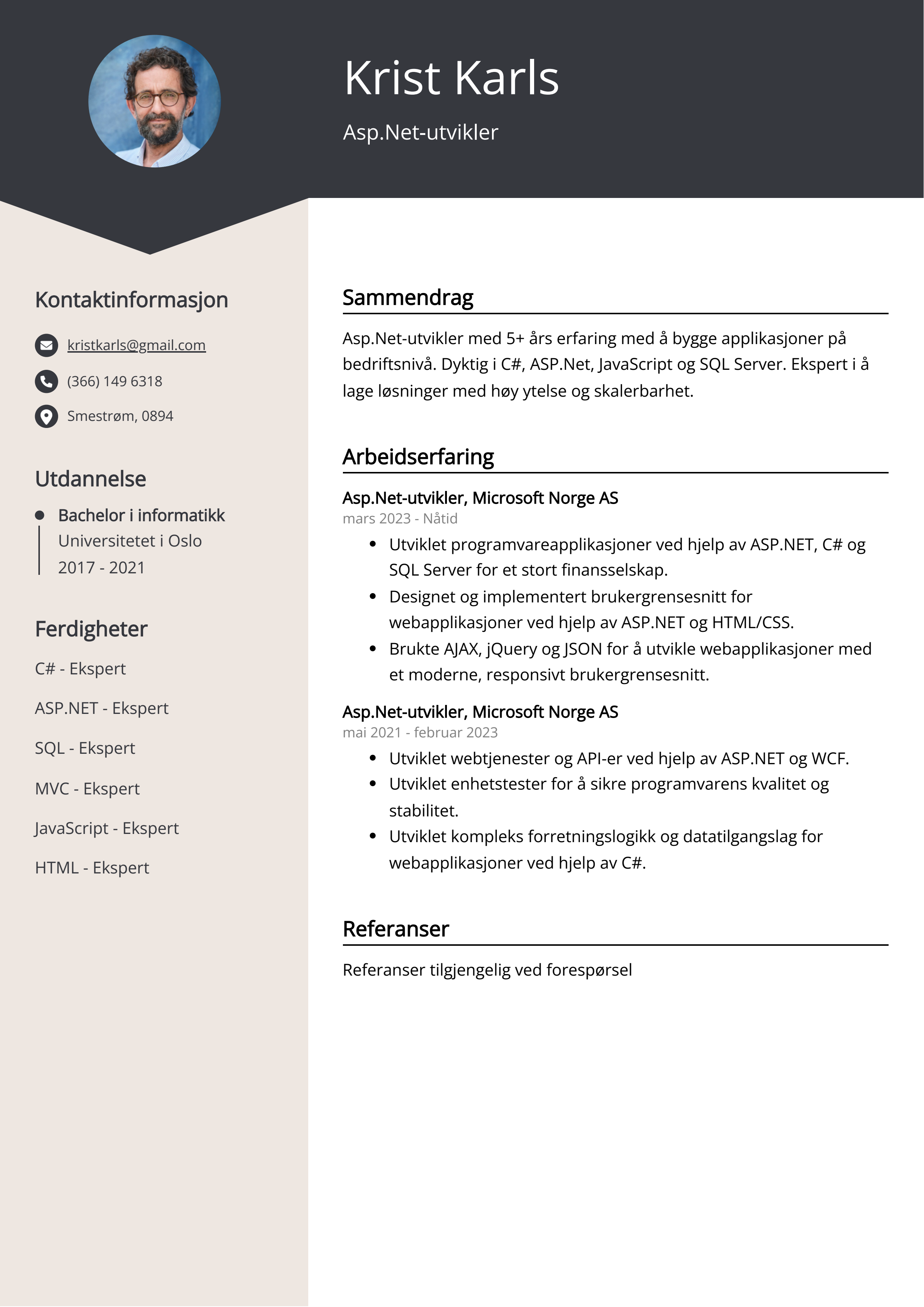Eksempel på CV for Asp.Net-utvikler