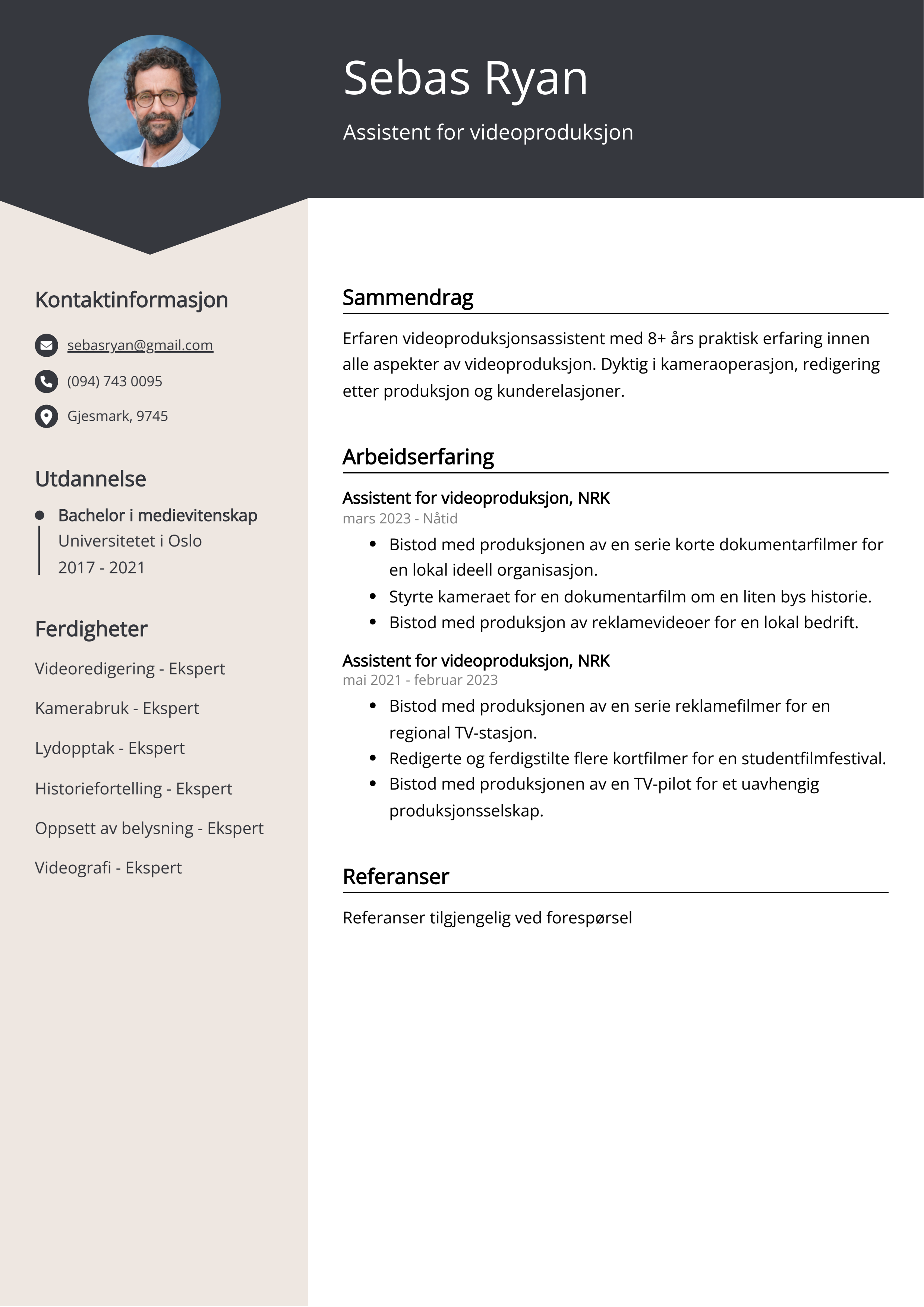 Assistent for videoproduksjon CV-eksempel