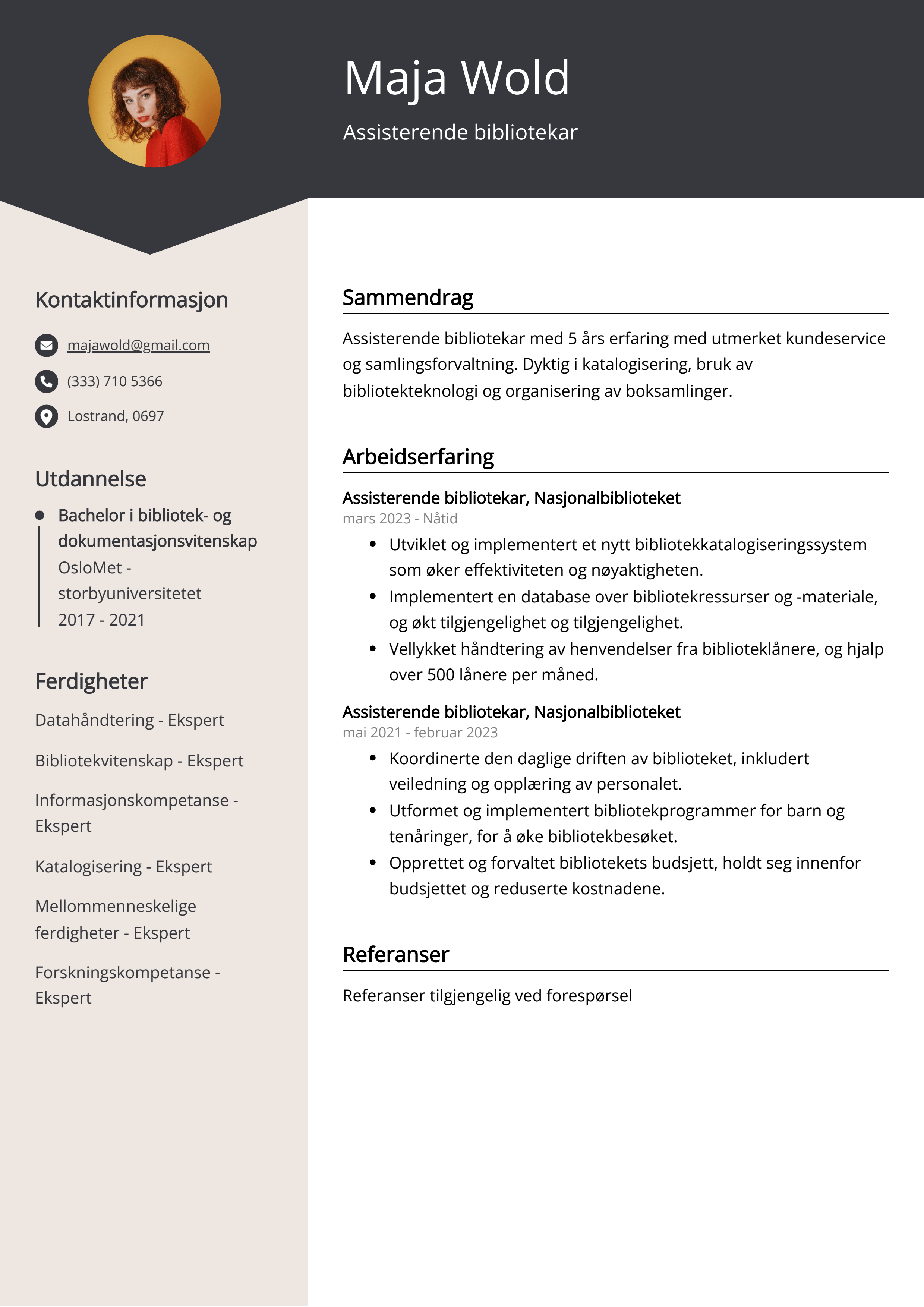 Assisterende bibliotekar CV Eksempel