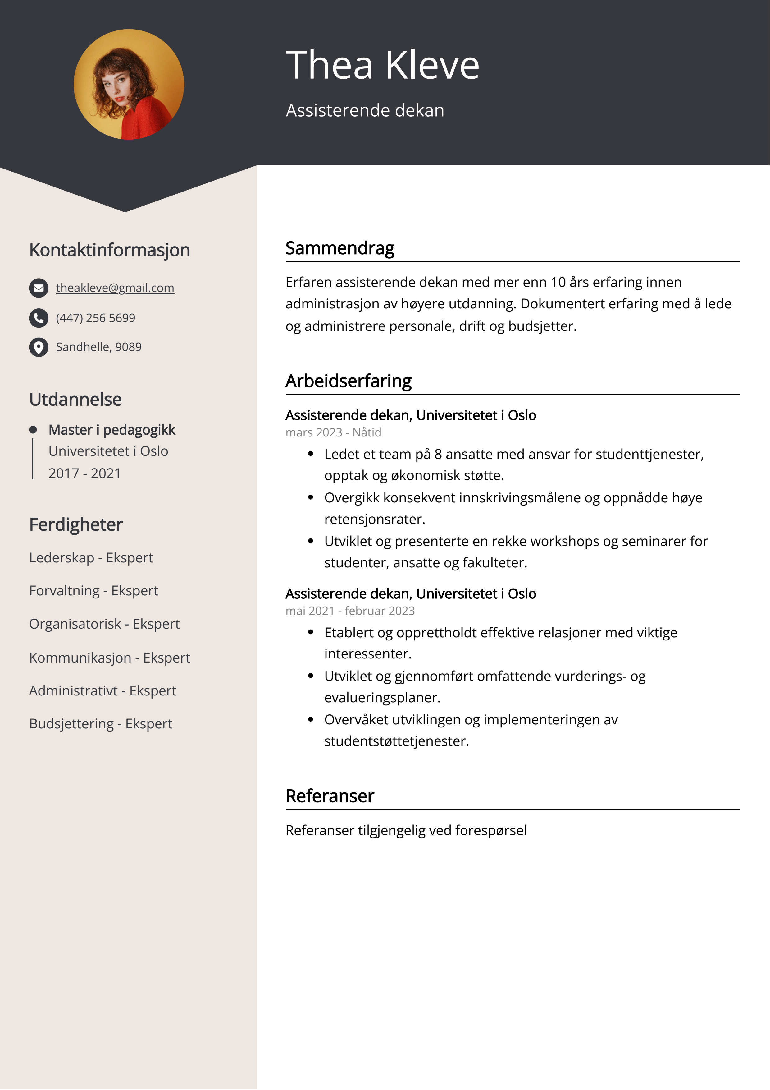 Assisterende dekan CV Eksempel