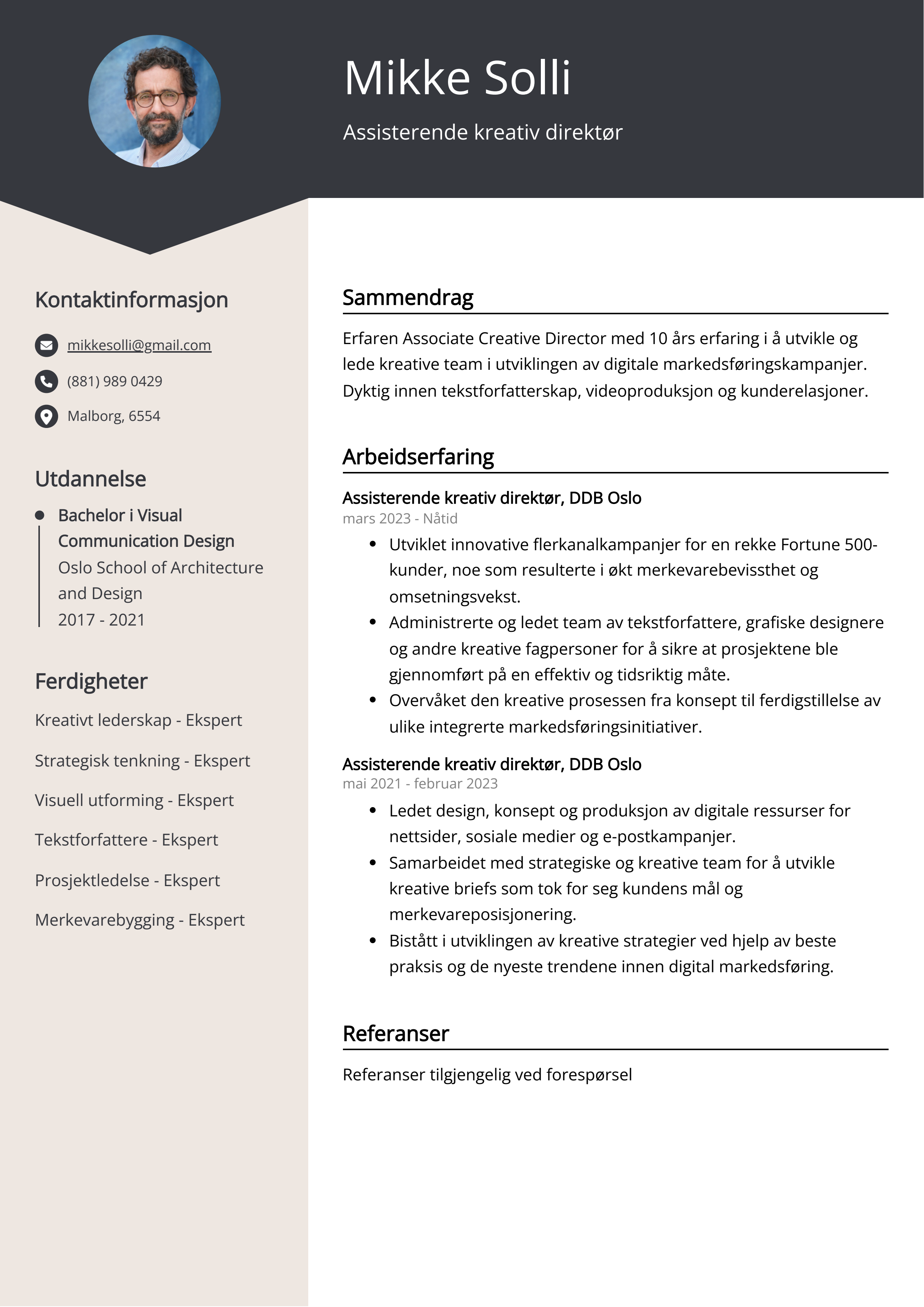 Assisterende kreativ direktør CV Eksempel