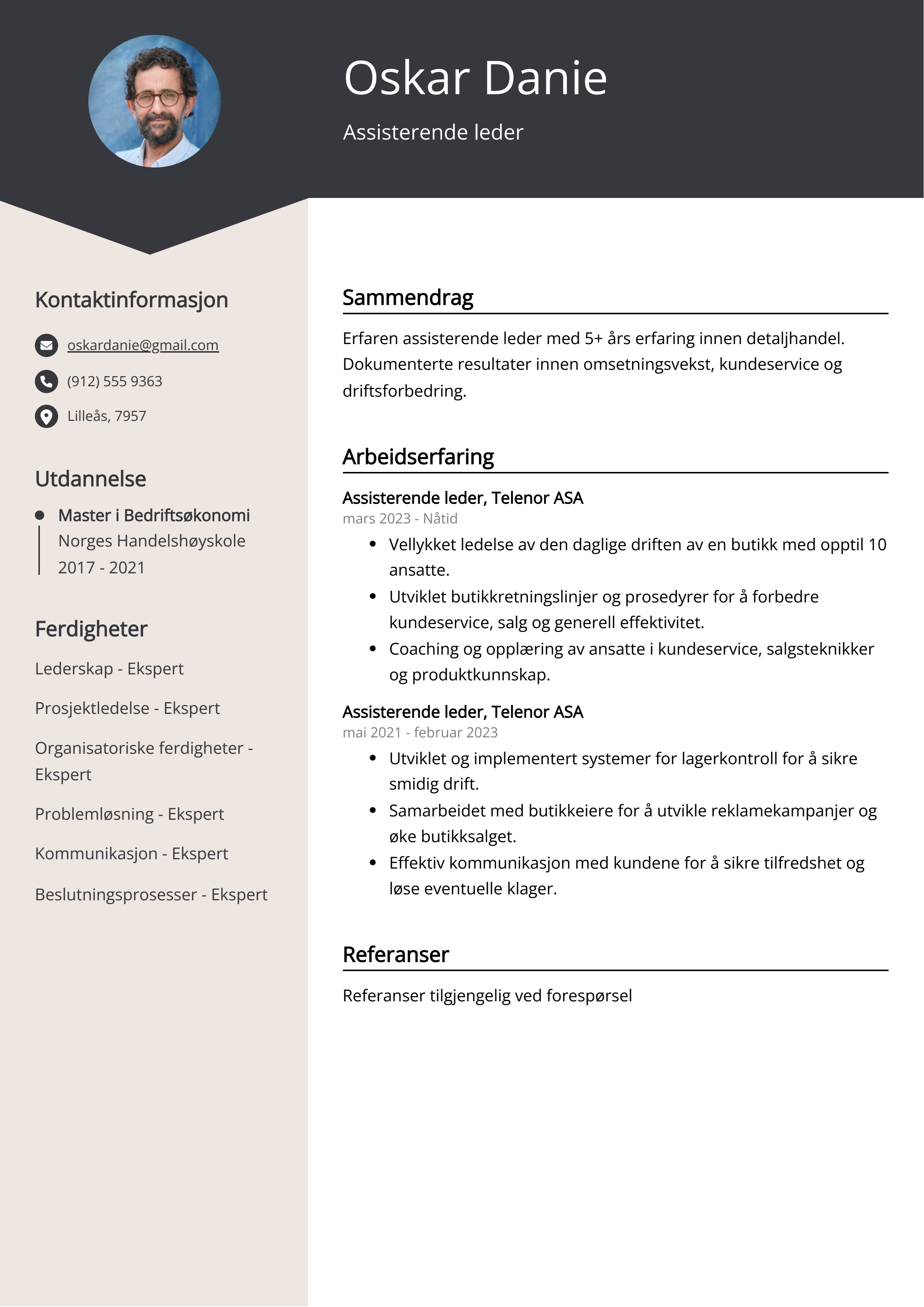 Assisterende leder CV Eksempel