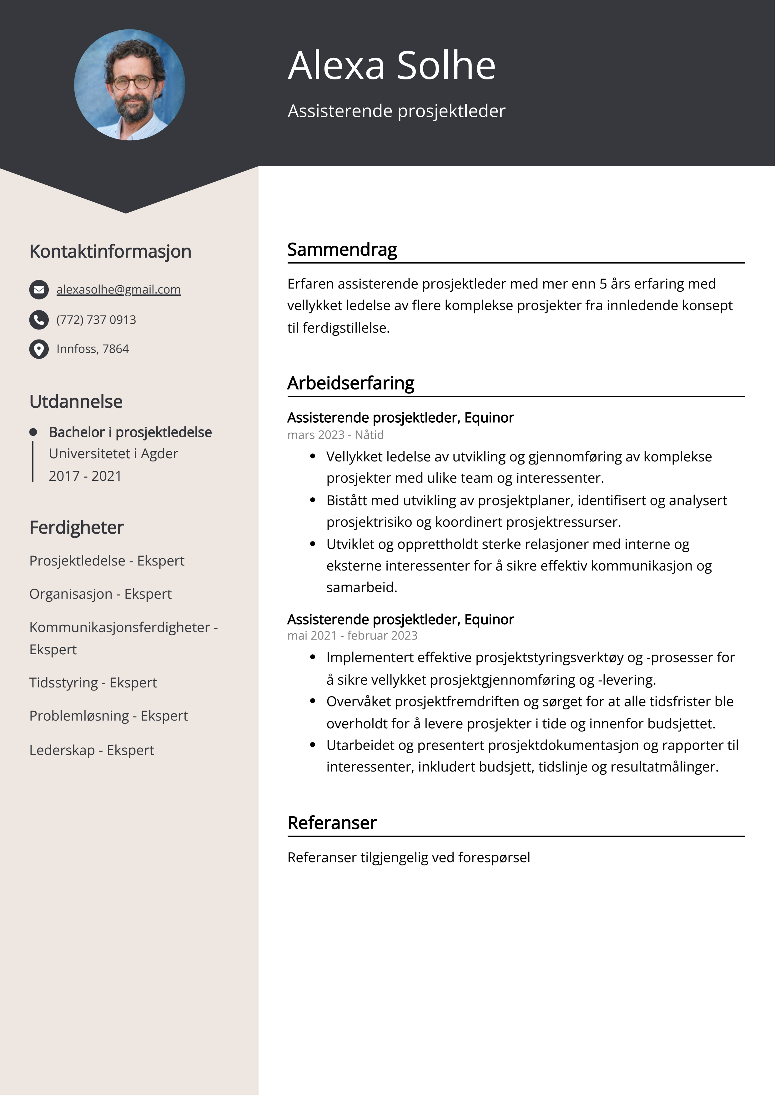 Assisterende prosjektleder CV Eksempel