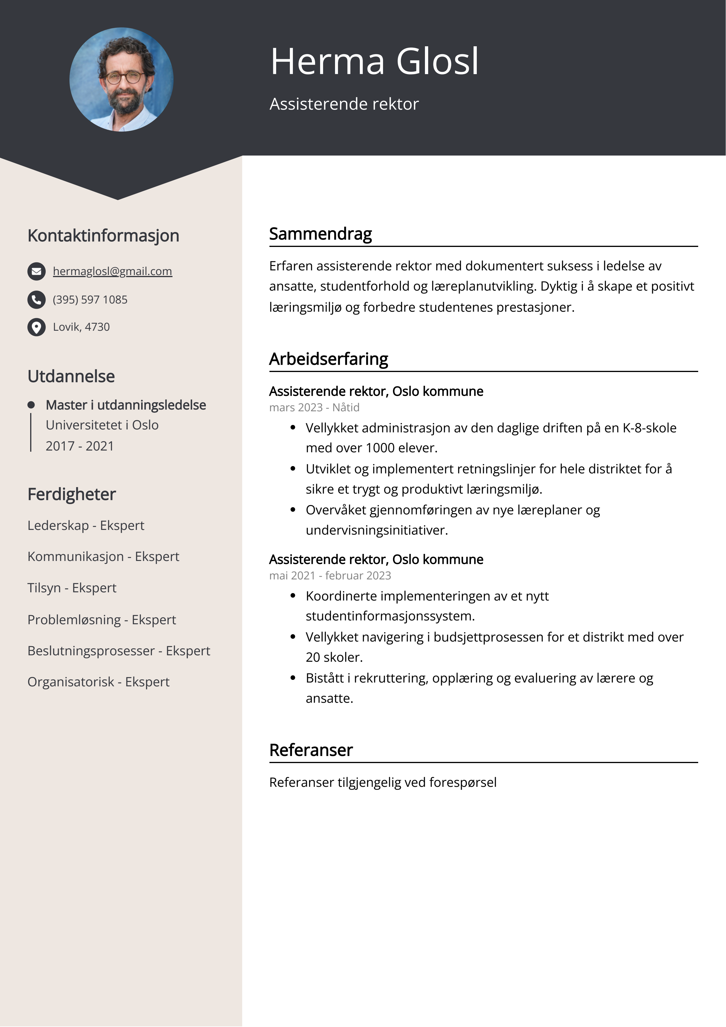 Assisterende rektor CV Eksempel