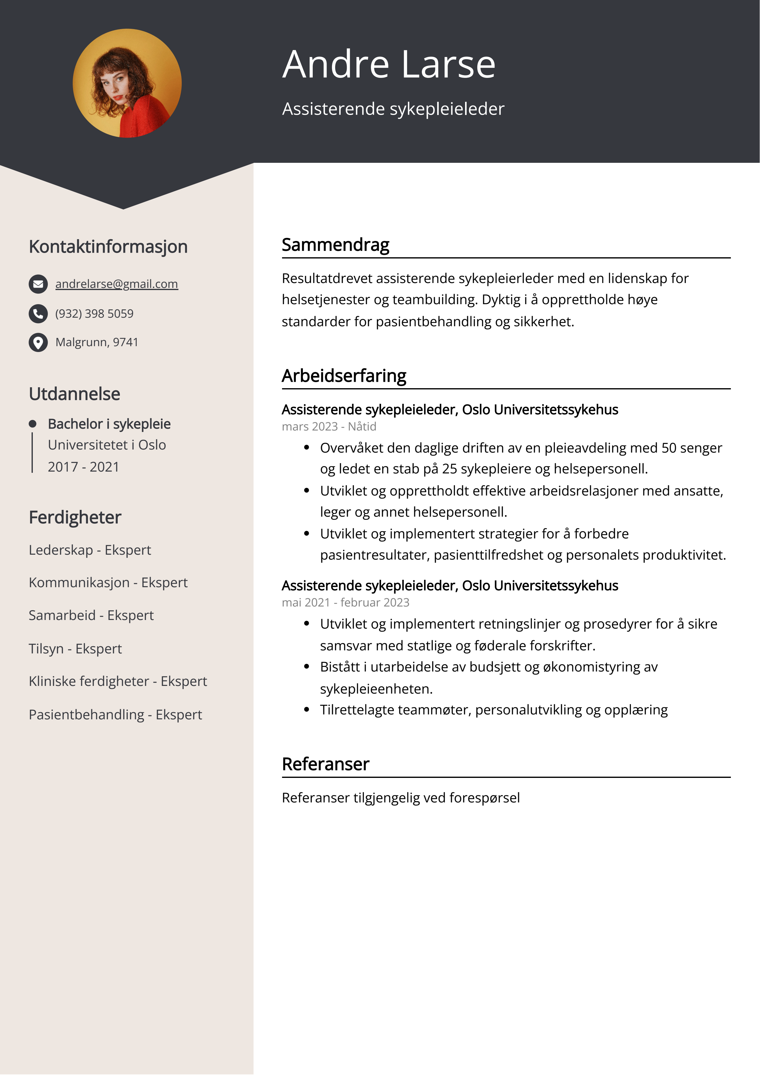 Assisterende sykepleieleder CV Eksempel