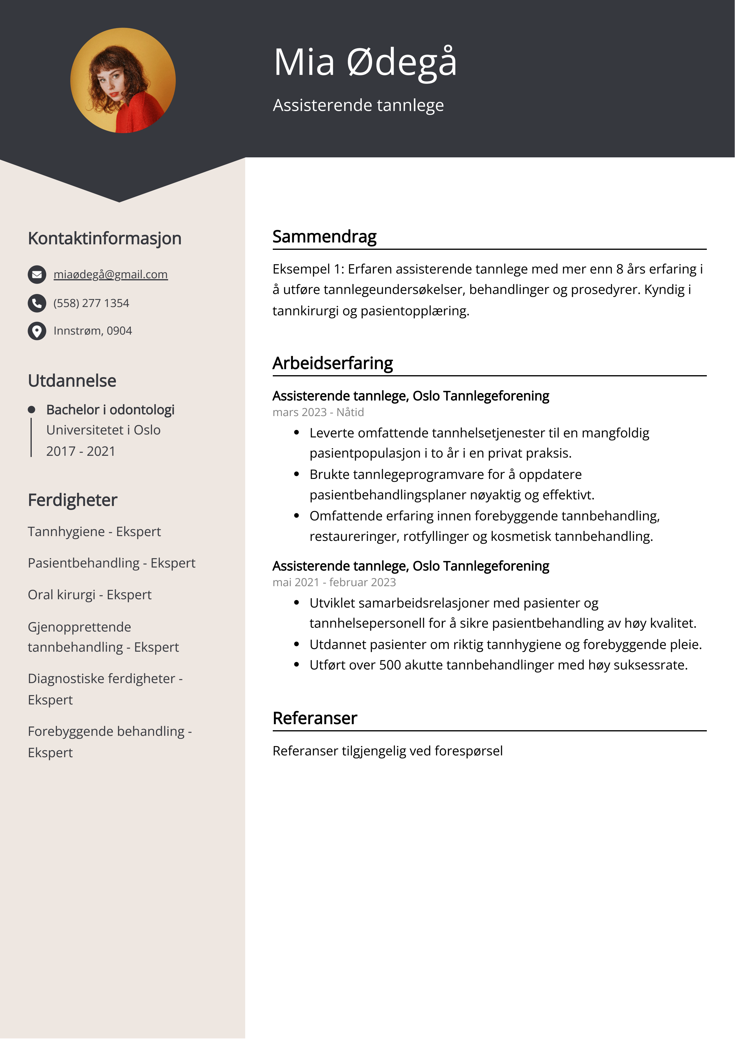 Assisterende tannlege CV Eksempel