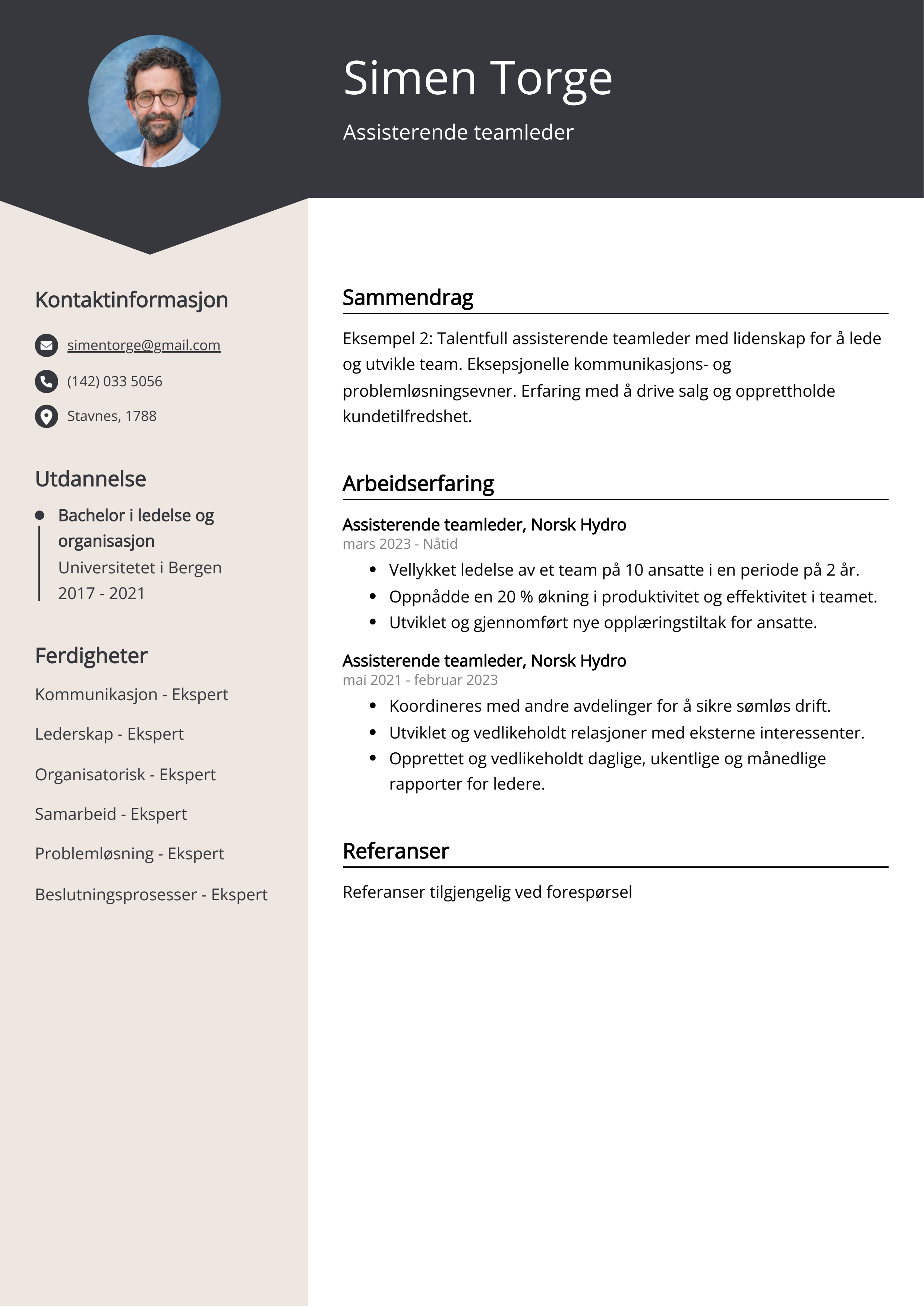 Assisterende teamleder CV Eksempel