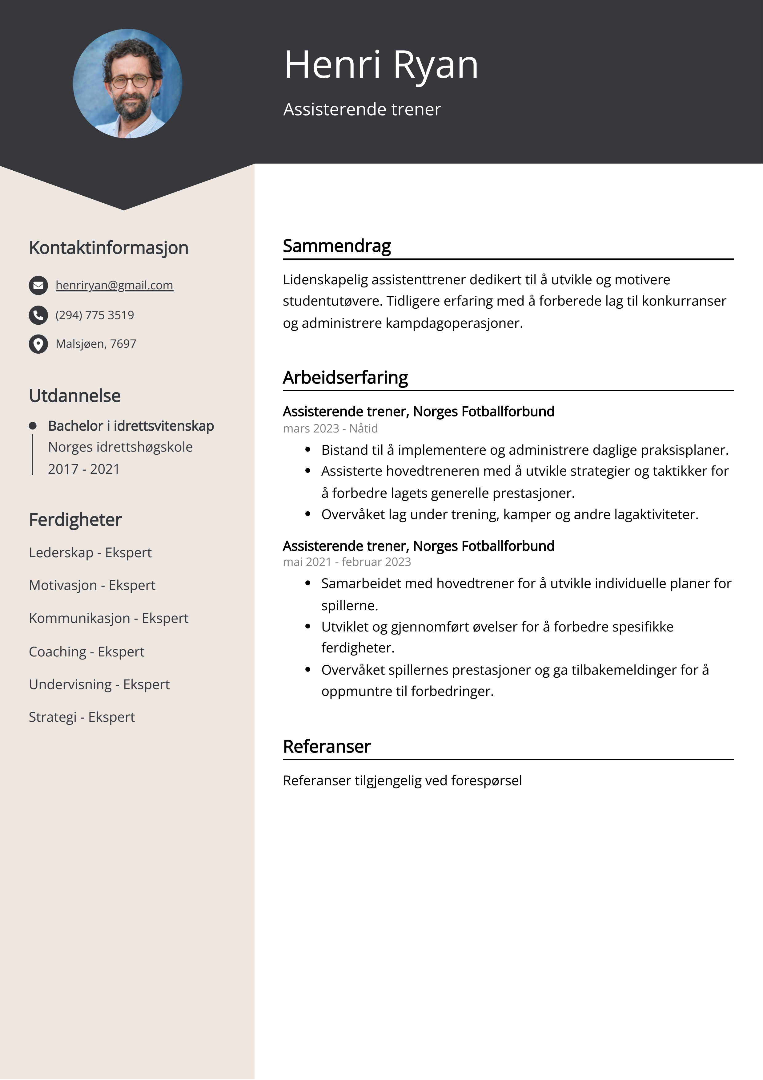 Assisterende trener CV Eksempel