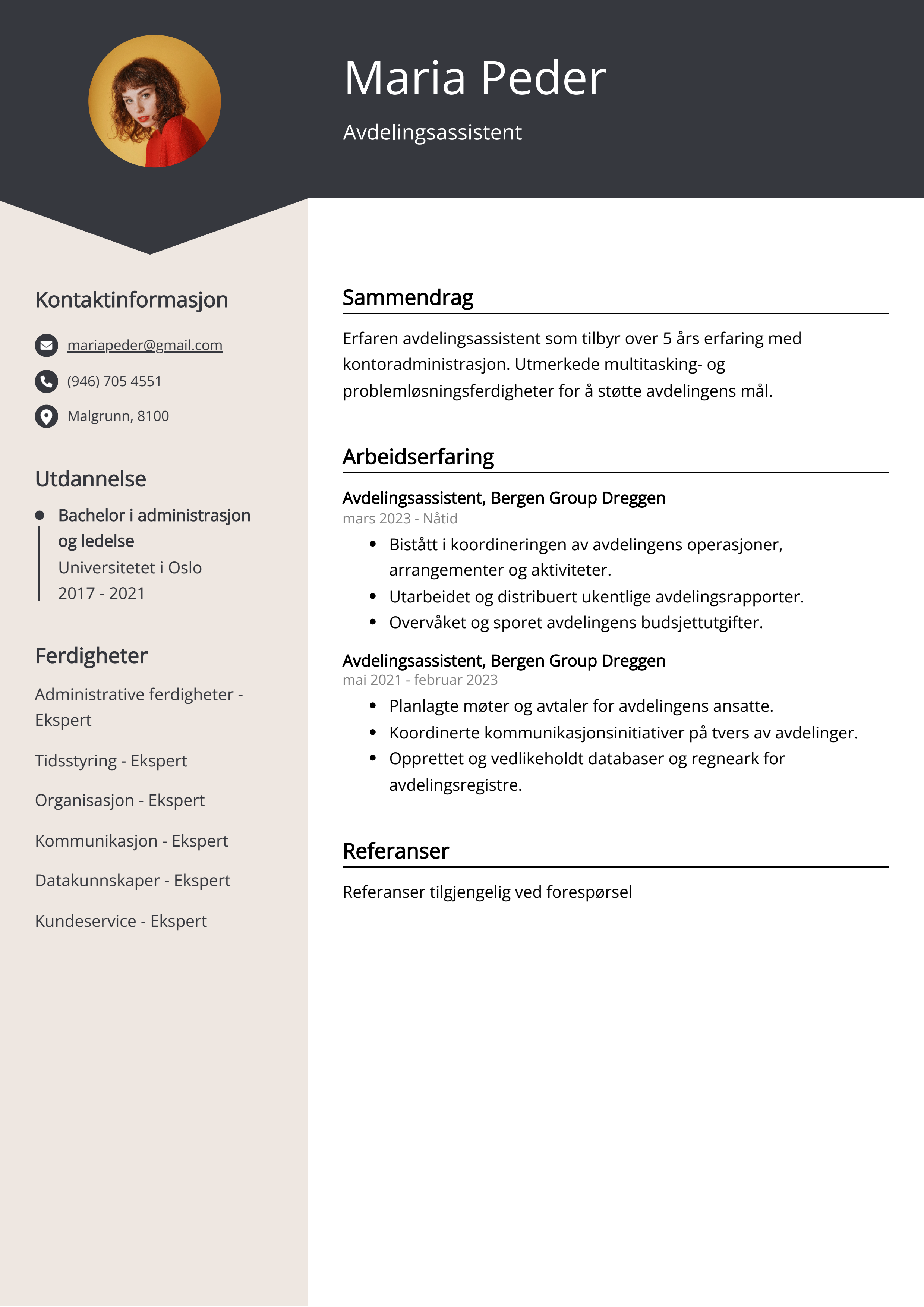 Eksempel på CV for avdelingsassistent