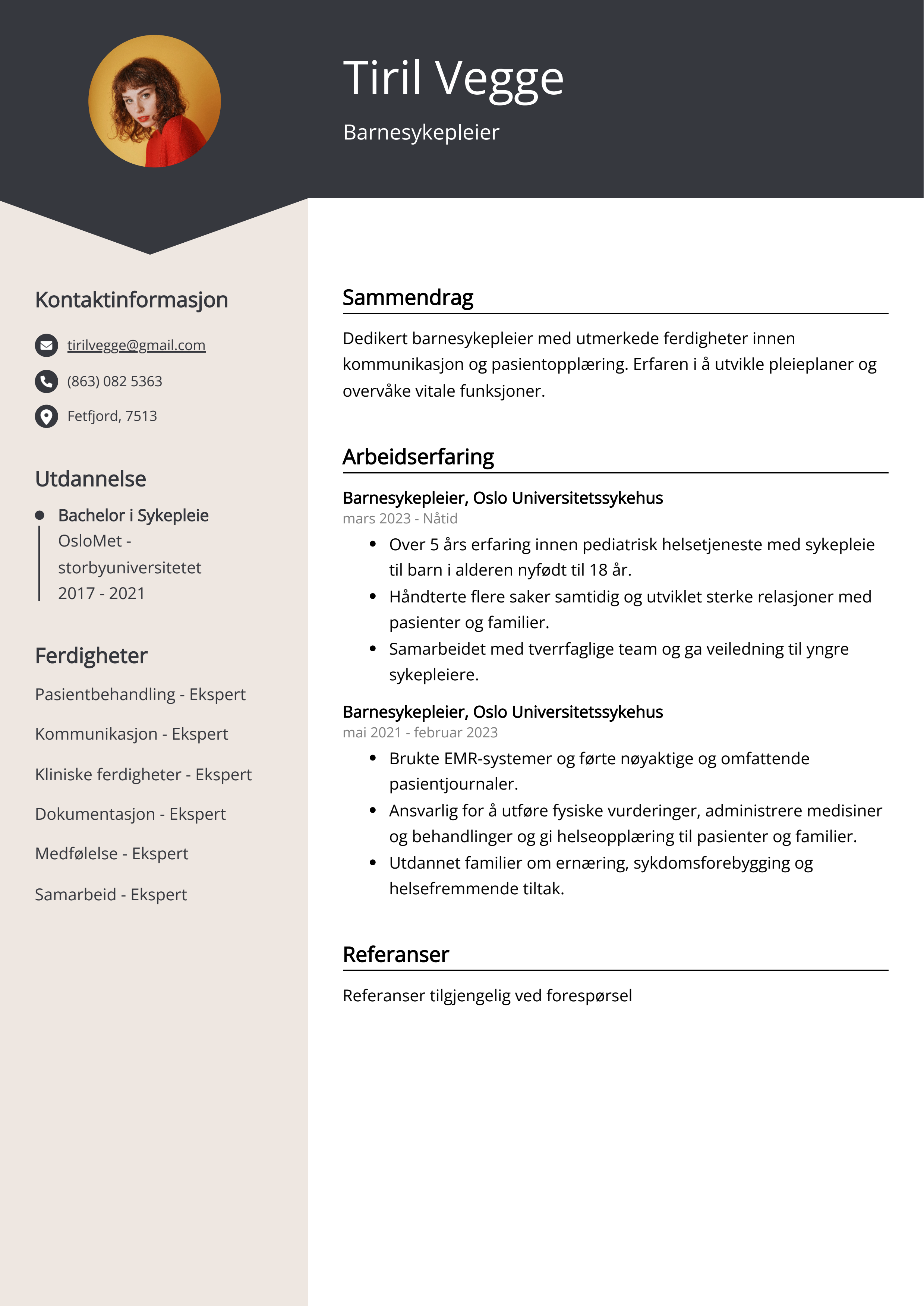 Barnesykepleier CV-eksempel