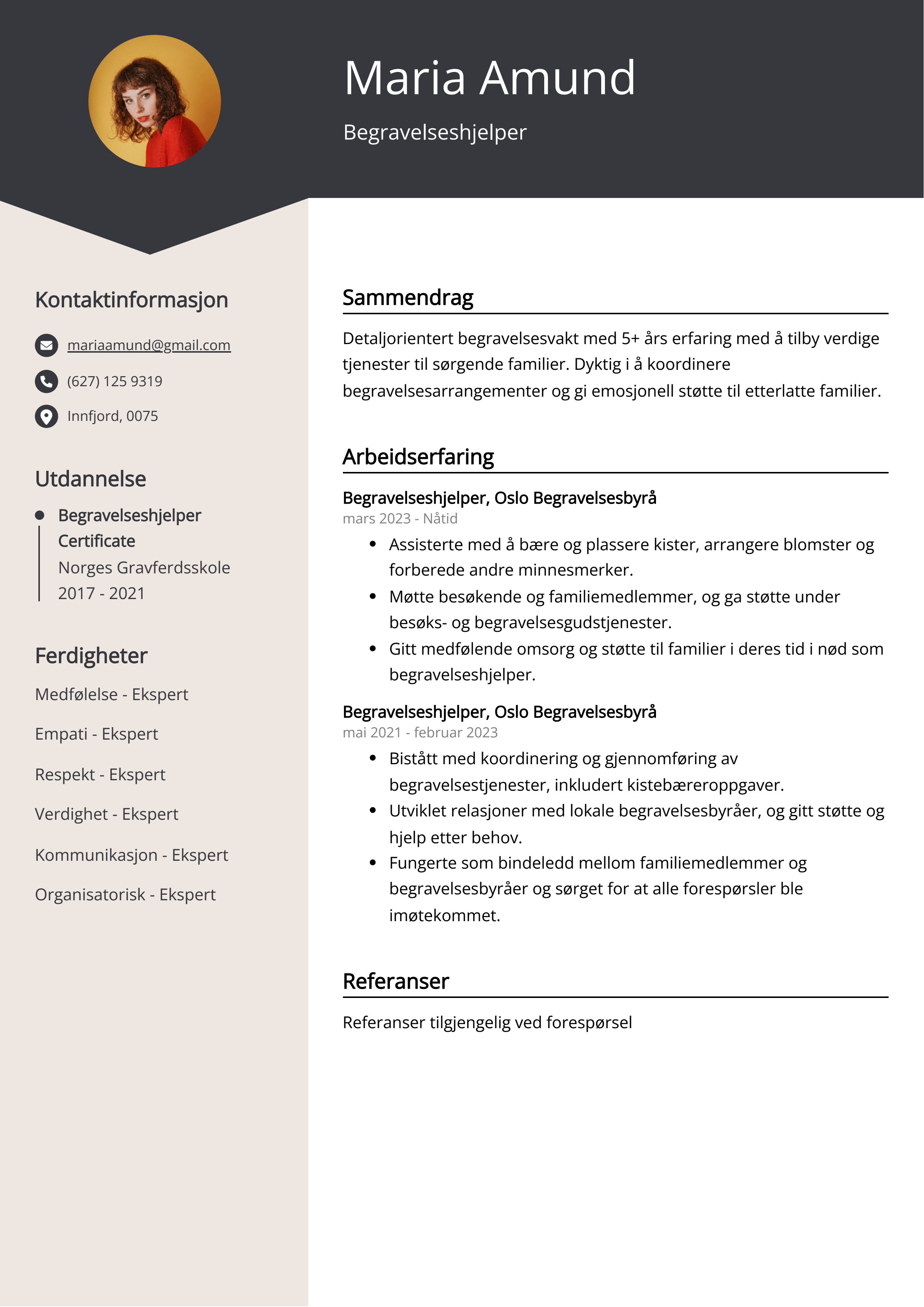 Begravelseshjelper CV-eksempel