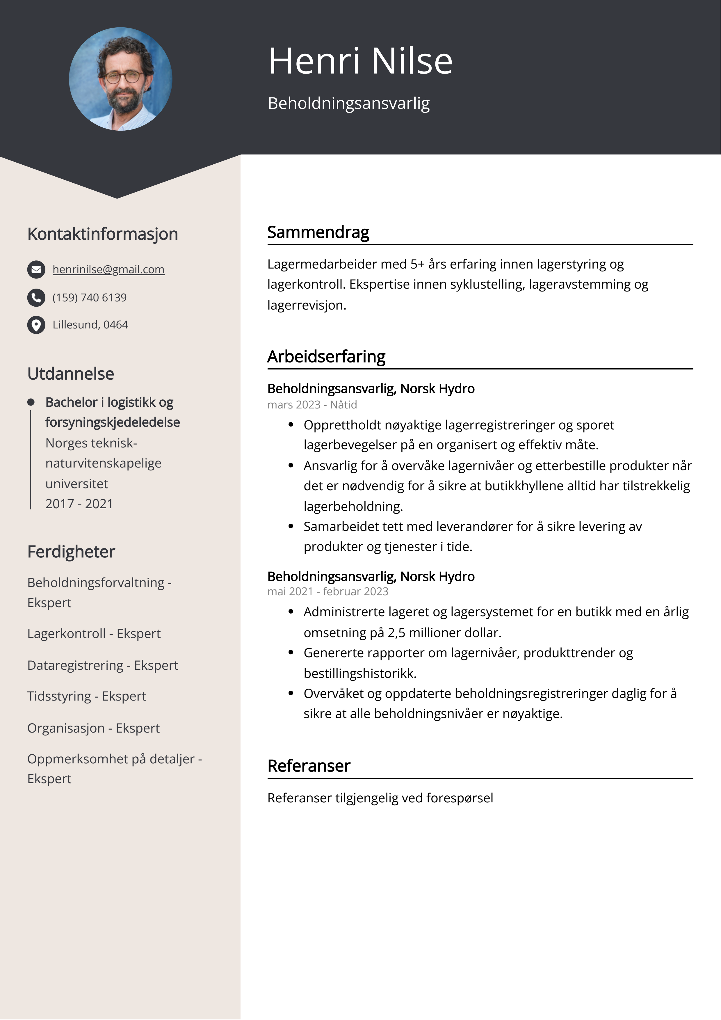 Beholdningsansvarlig CV Eksempel