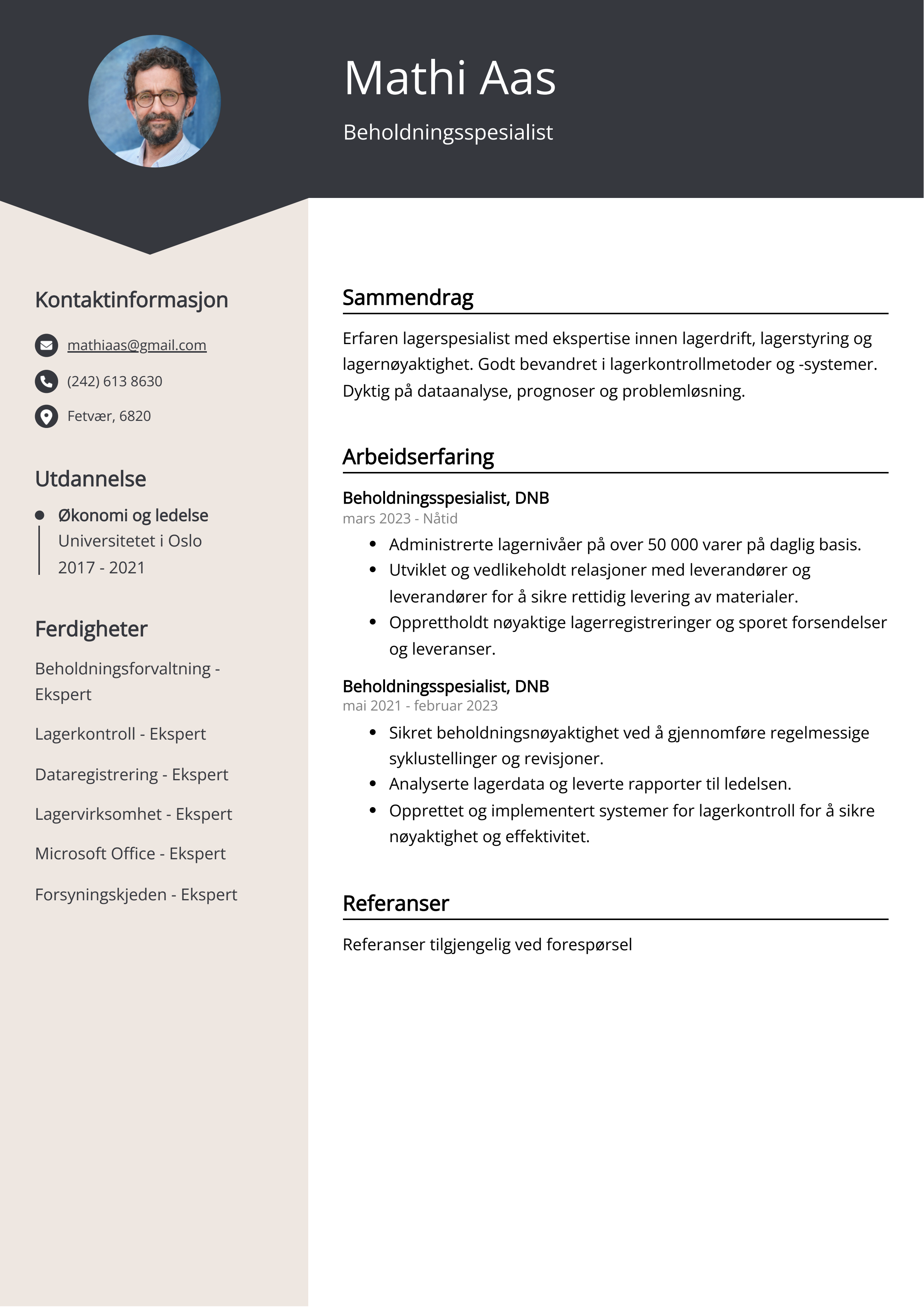 Eksempel på CV for Beholdningsspesialist