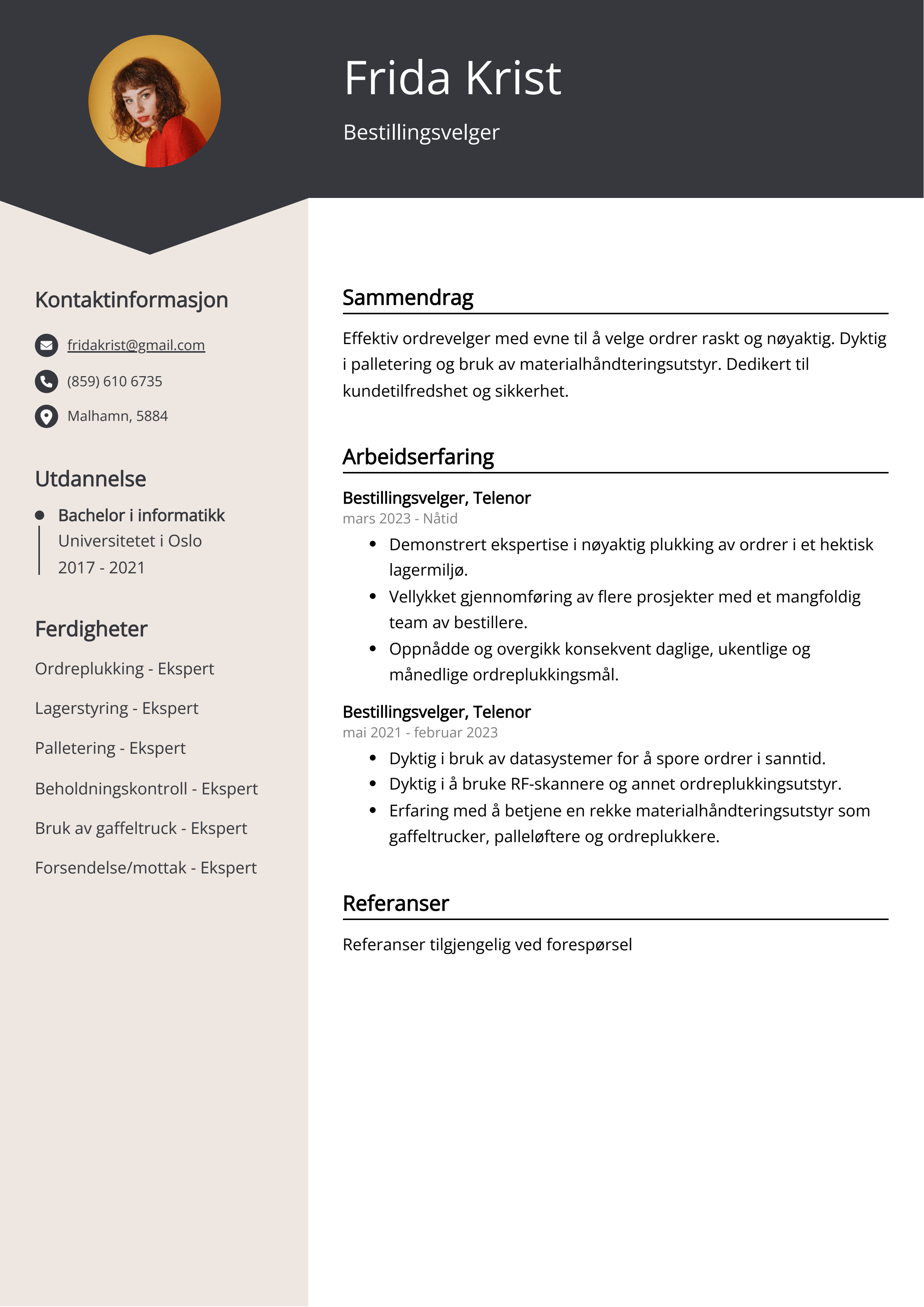 Bestillingsvelger CV-eksempel