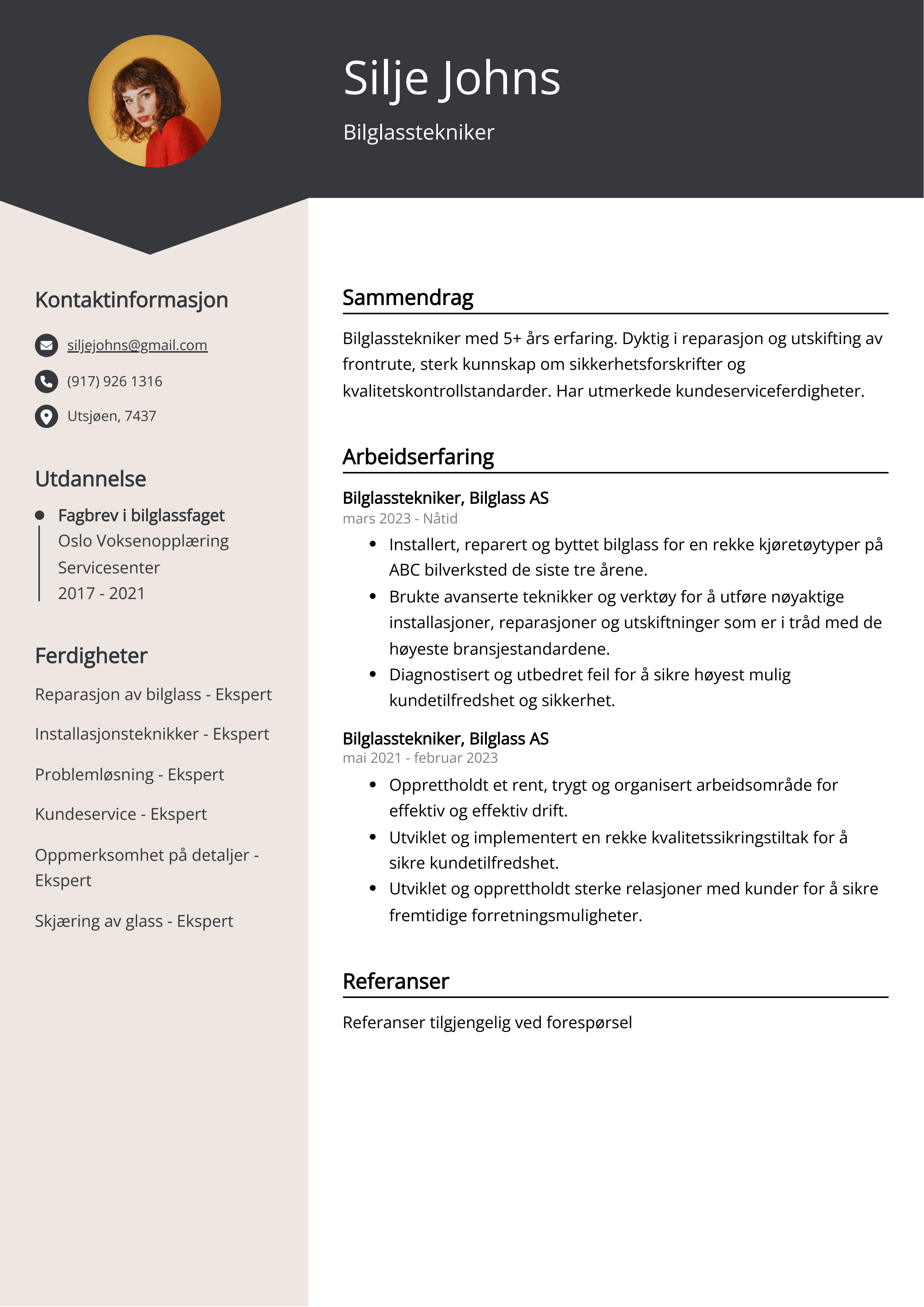 Eksempel på CV for bilglasstekniker