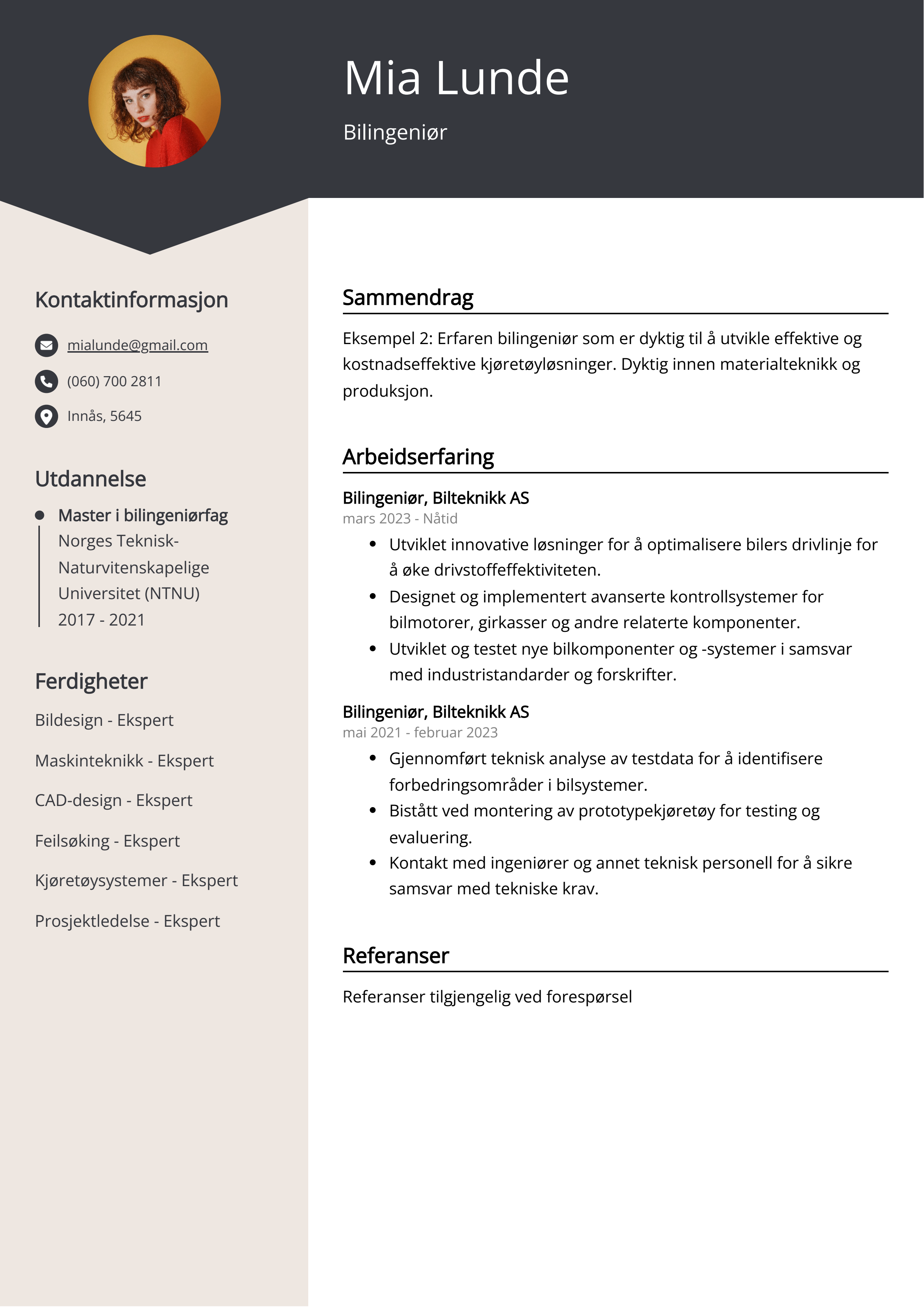 Eksempel på CV for bilingeniør