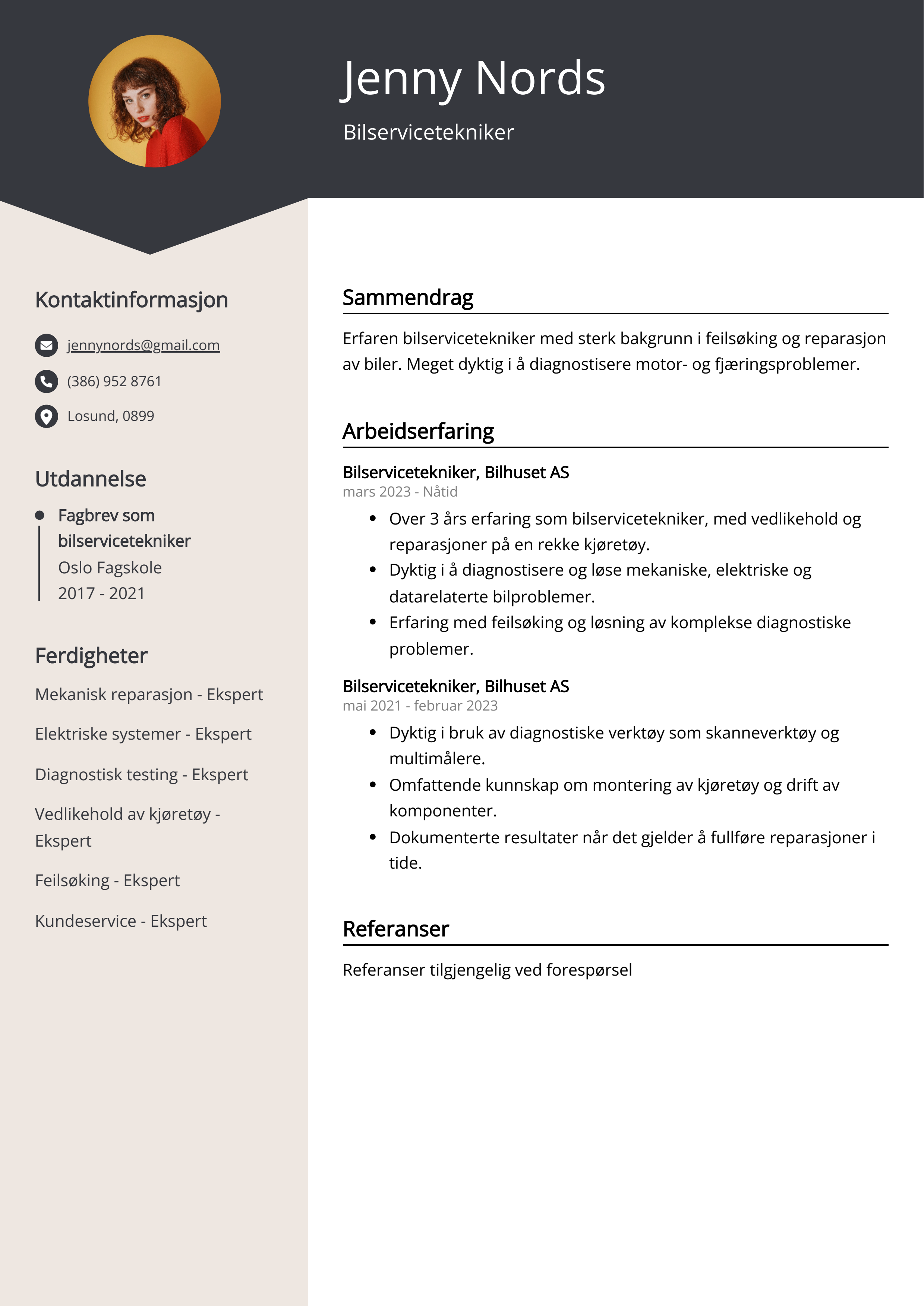 Eksempel på CV for bilservicetekniker