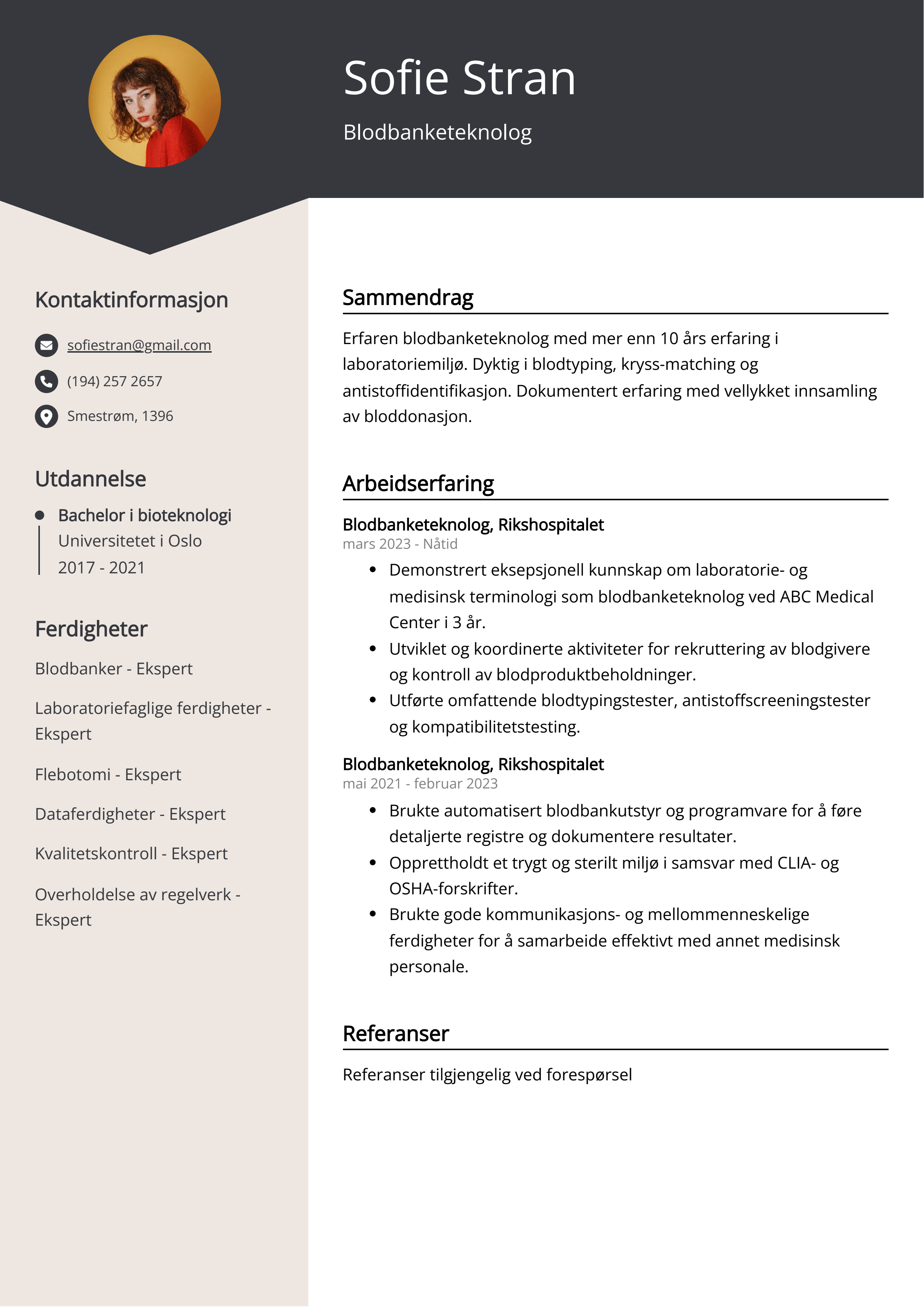 Blodbanketeknolog CV Eksempel