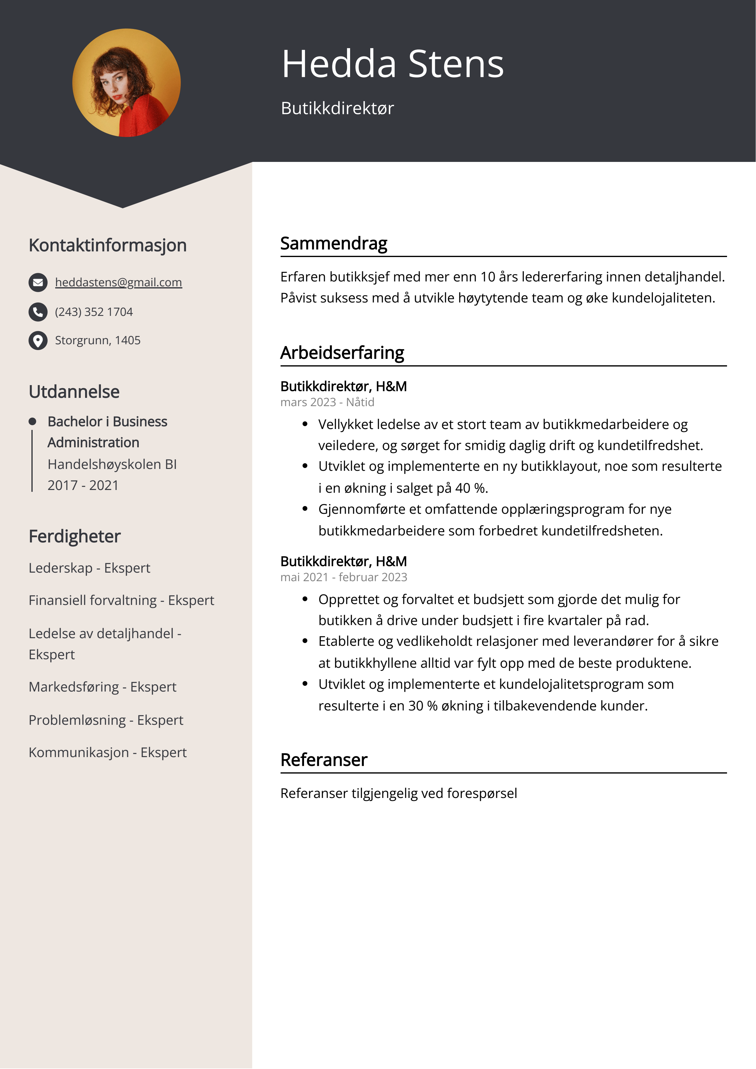 Butikkdirektør CV Eksempel