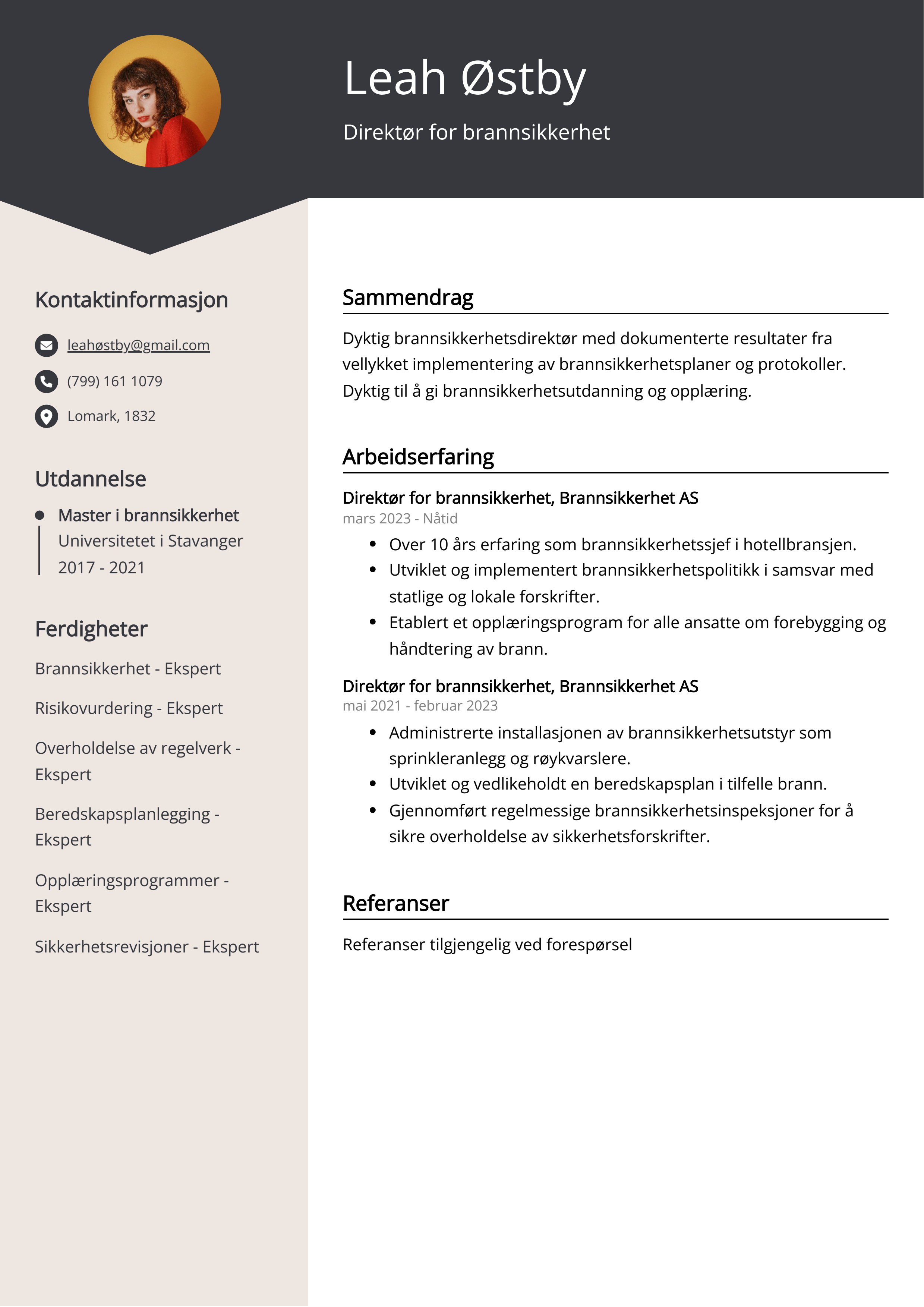 Direktør for brannsikkerhet CV-eksempel