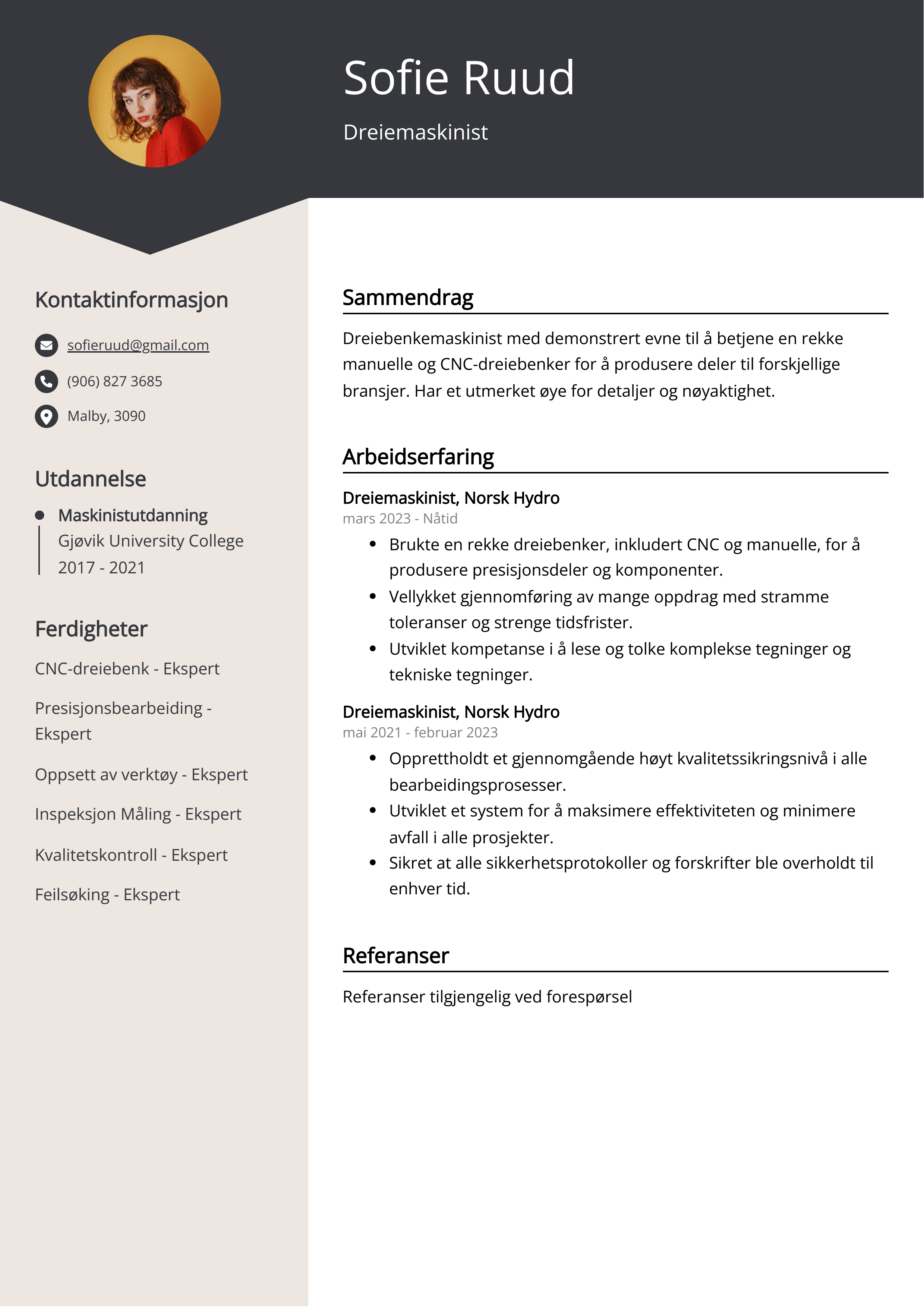 Dreiemaskinist CV-eksempel