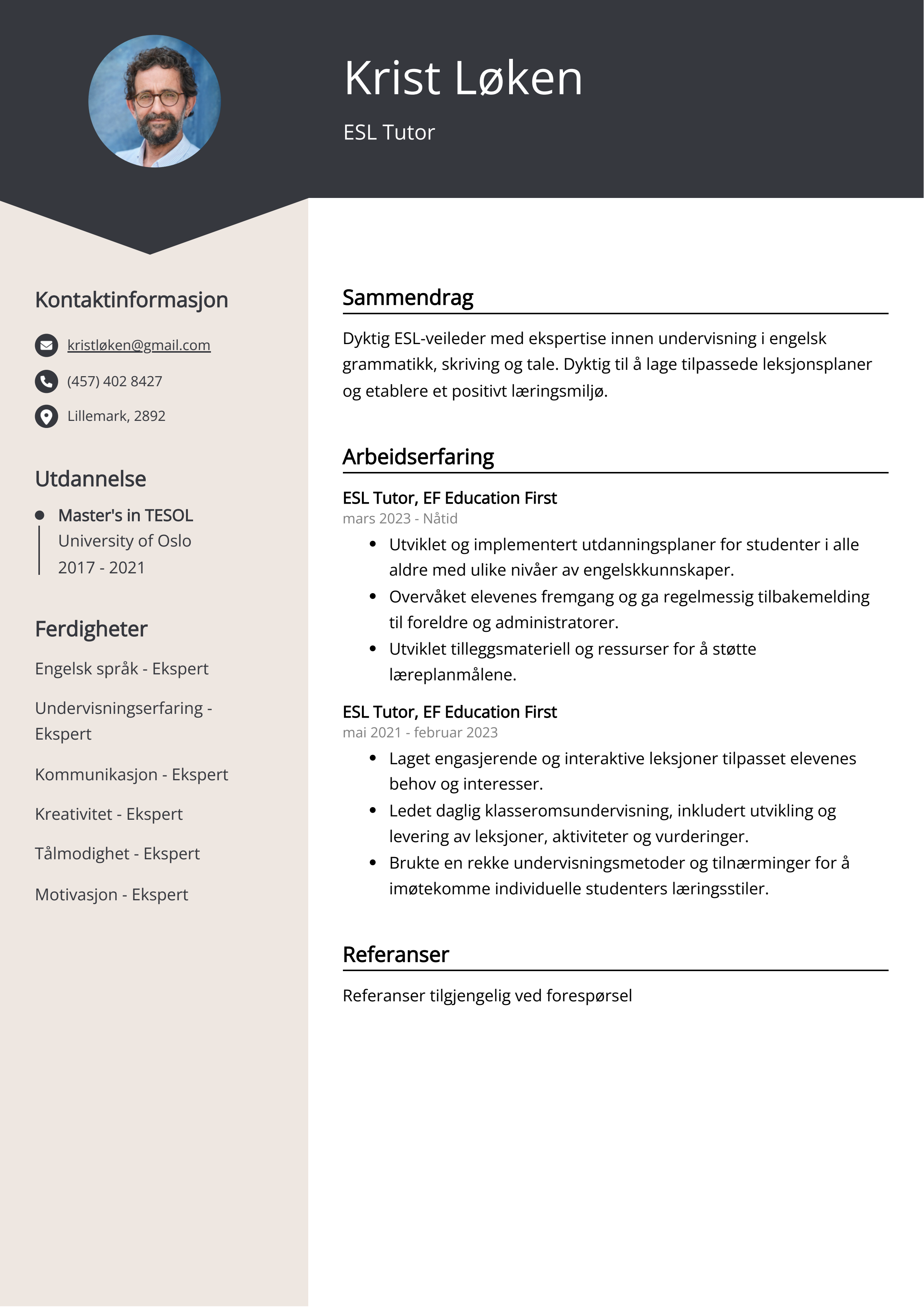 ESL Tutor Eksempel på CV