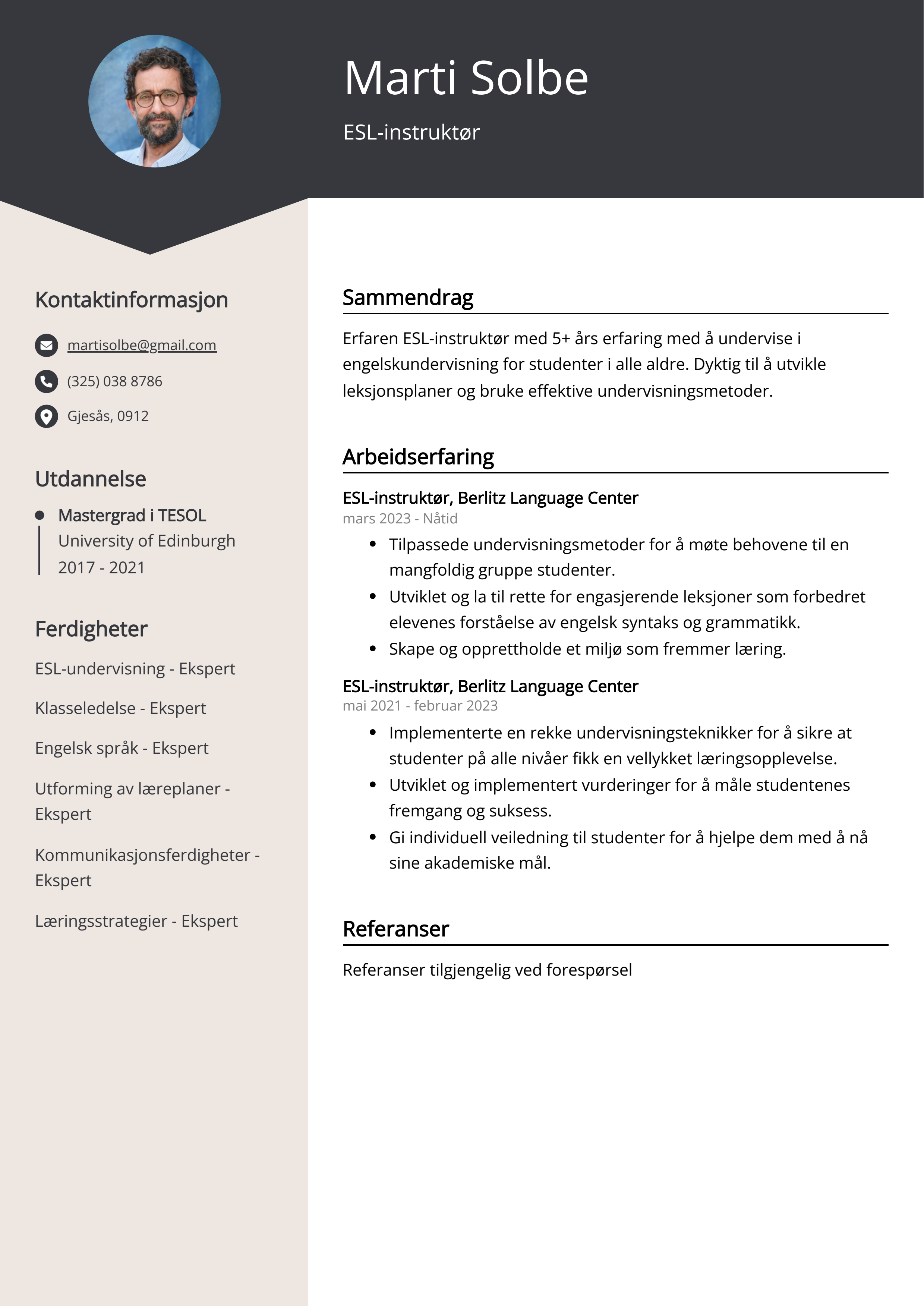 Eksempel på CV for ESL-instruktør