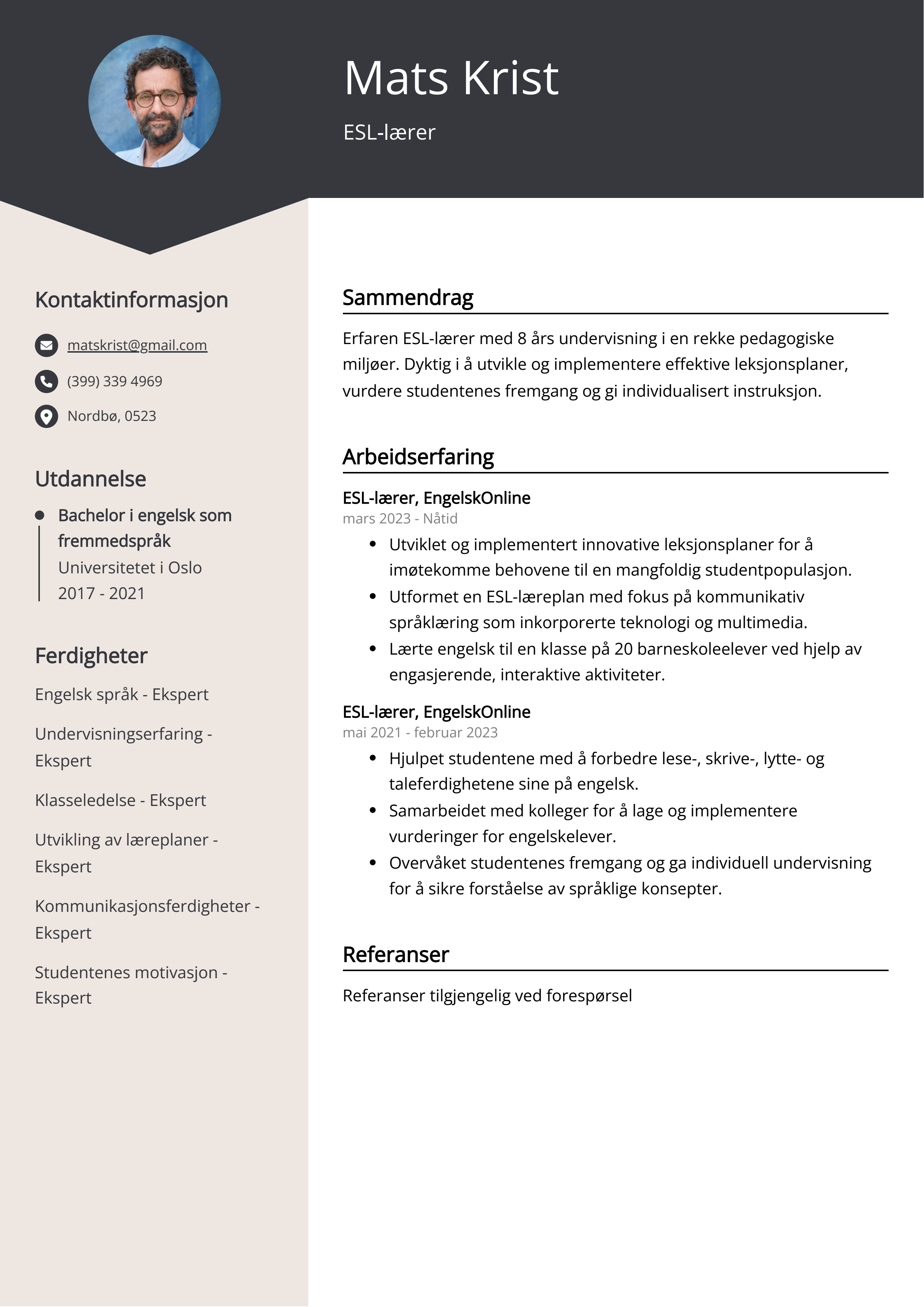 Eksempel på CV for ESL-lærer