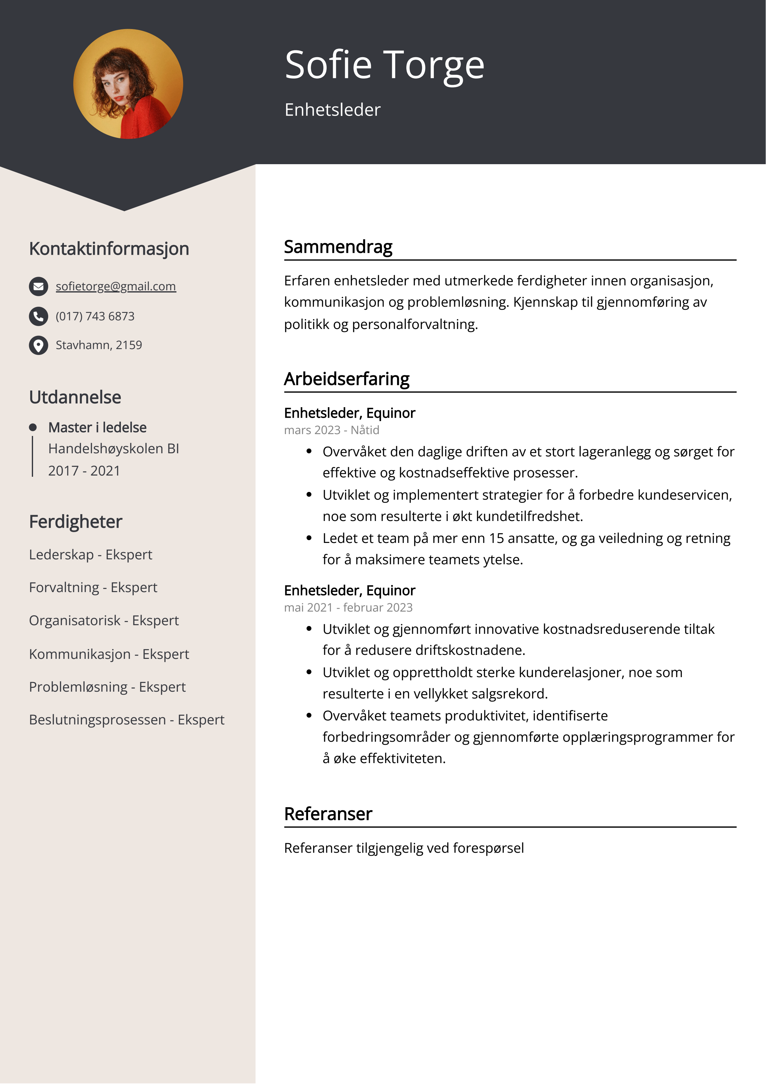 Enhetsleder CV-eksempel