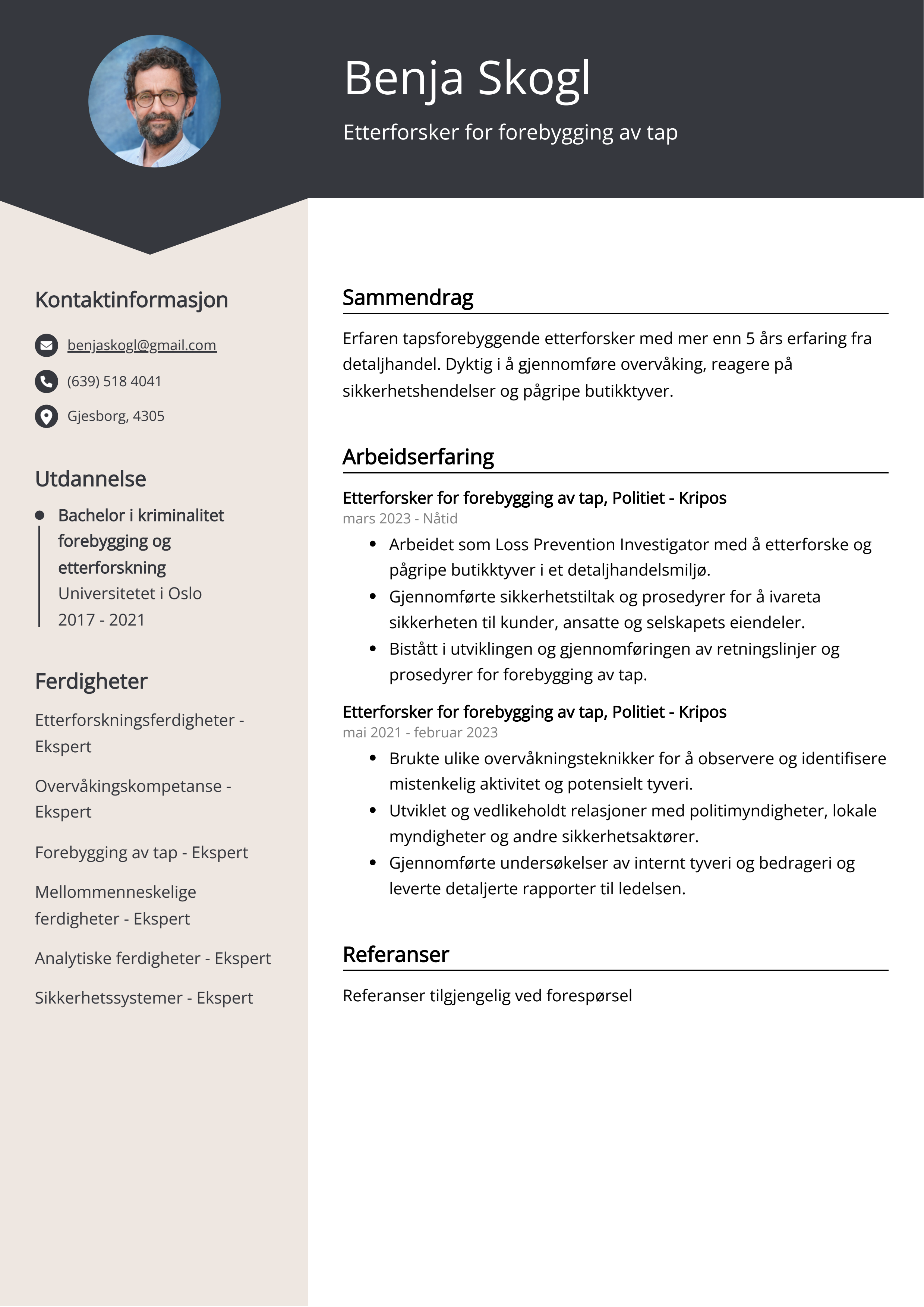 Etterforsker for forebygging av tap Resume Example