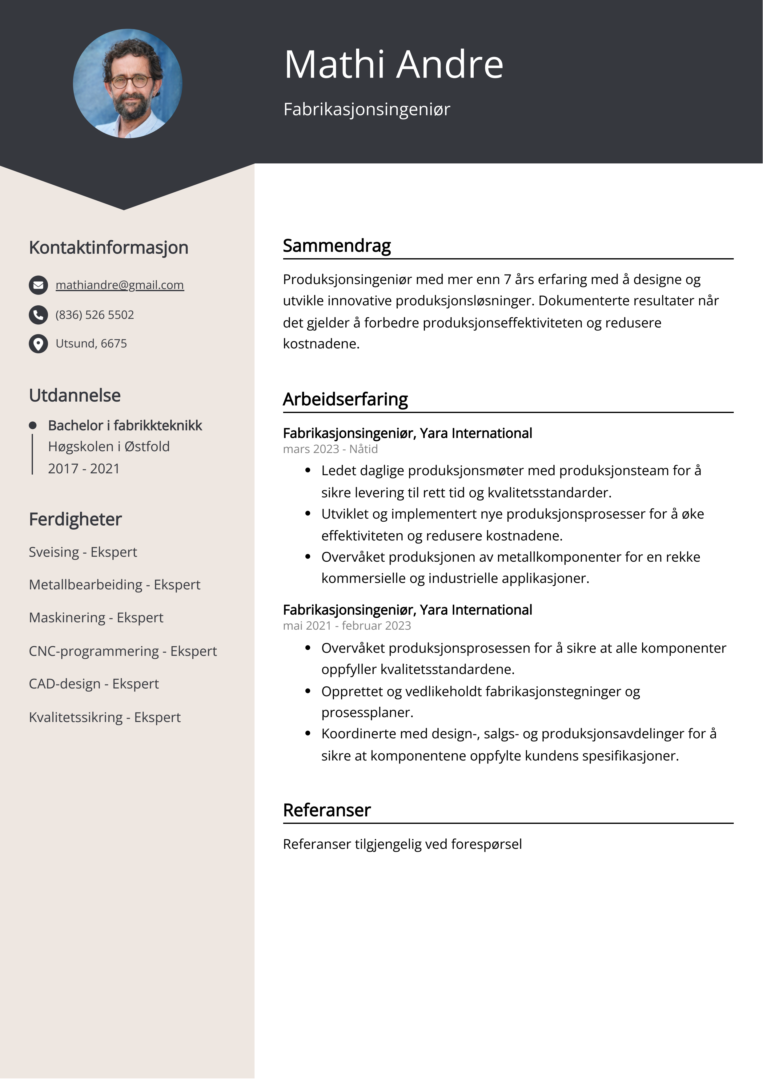 Eksempel på CV for fabrikasjonsingeniør