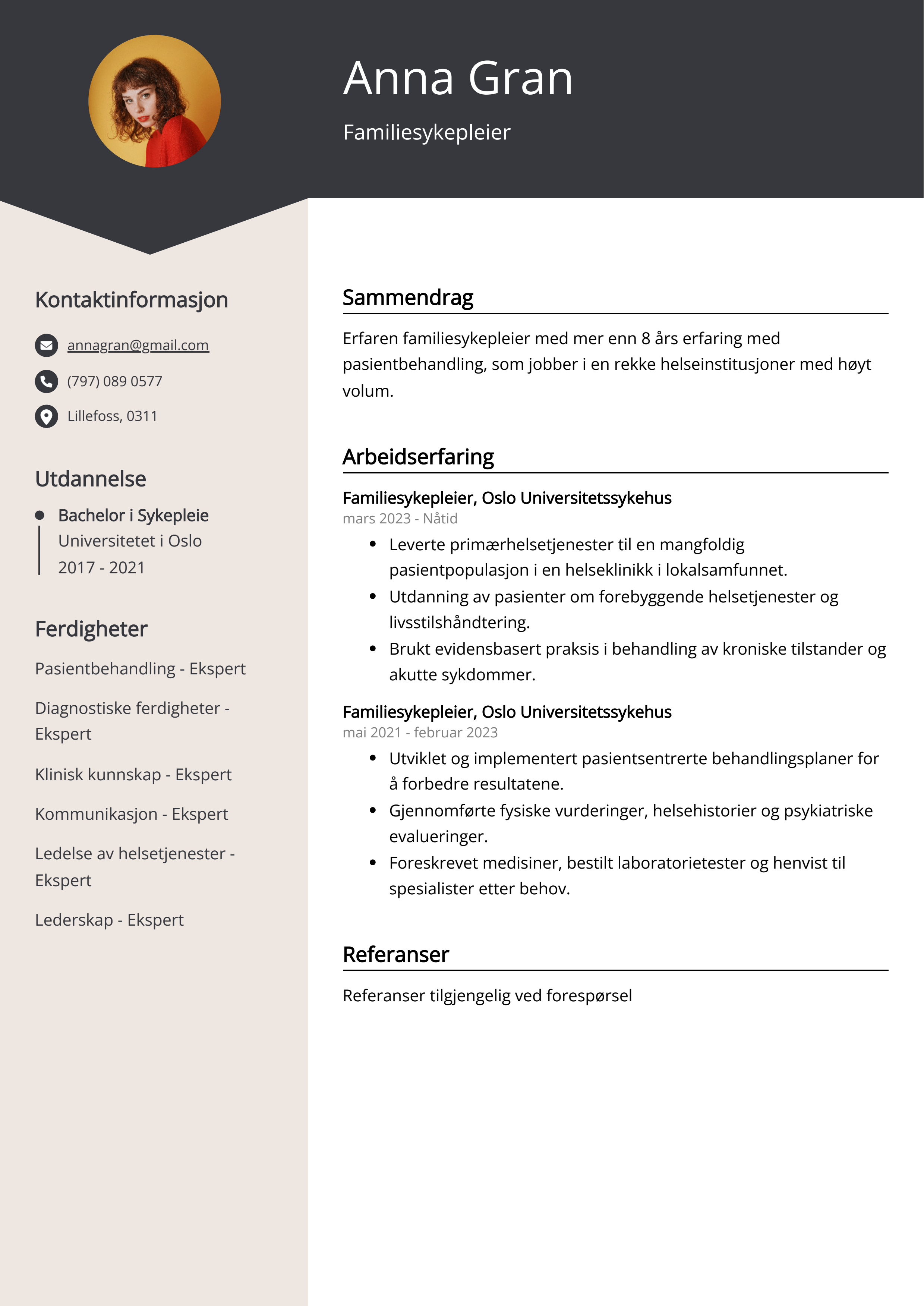 Familiesykepleier CV-eksempel