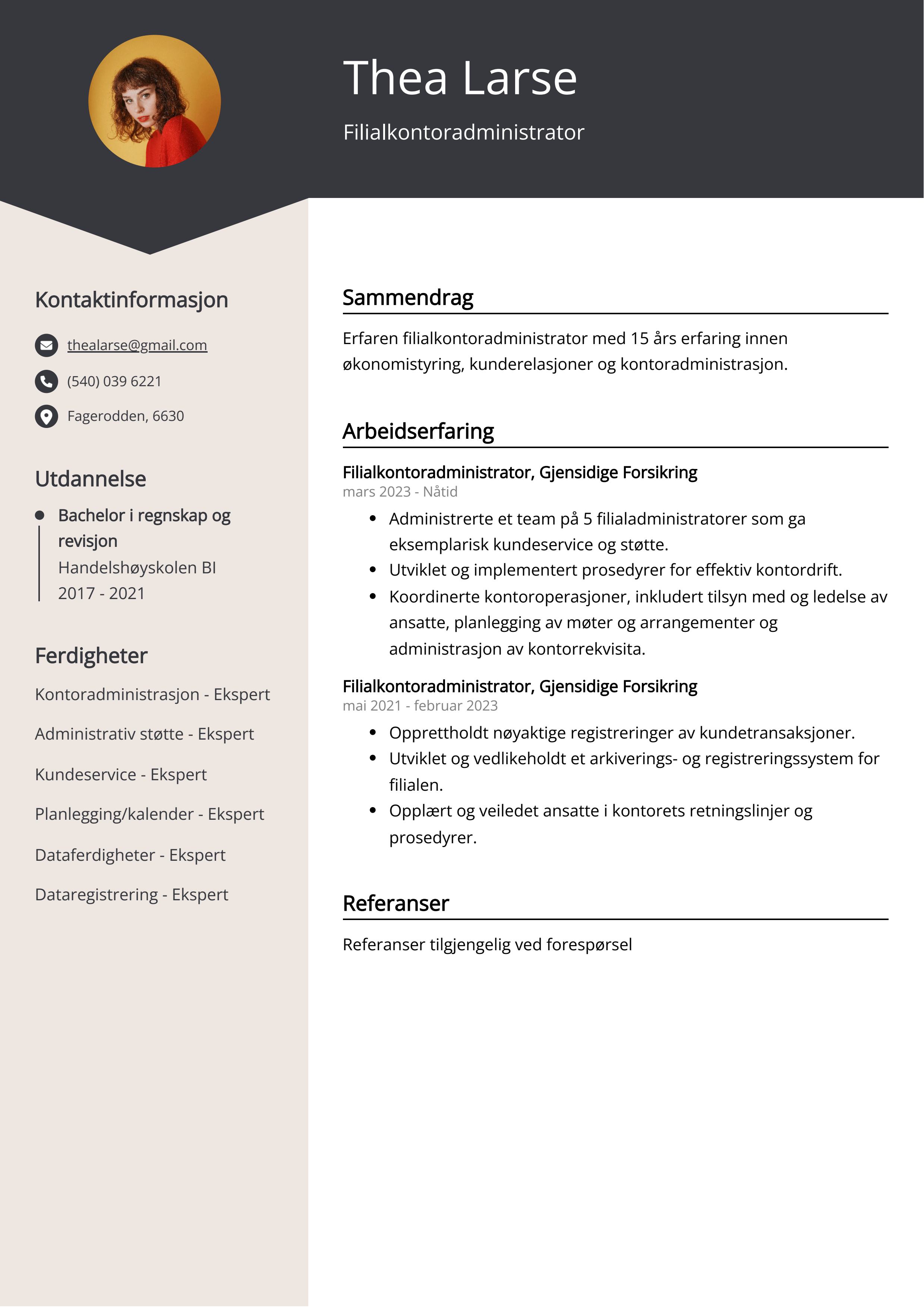 Filialkontoradministrator CV Eksempel