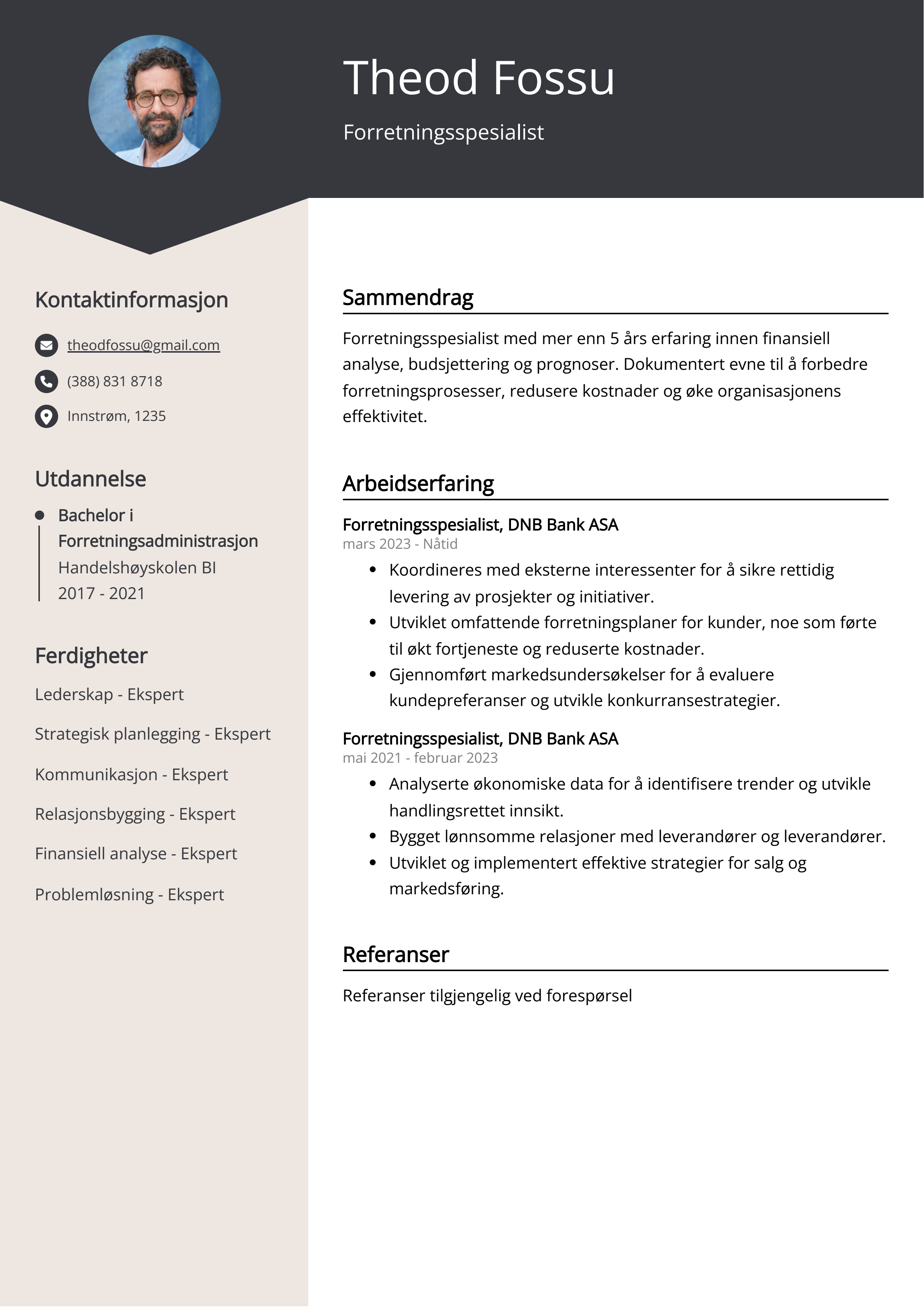 Eksempel på CV for forretningsspesialist