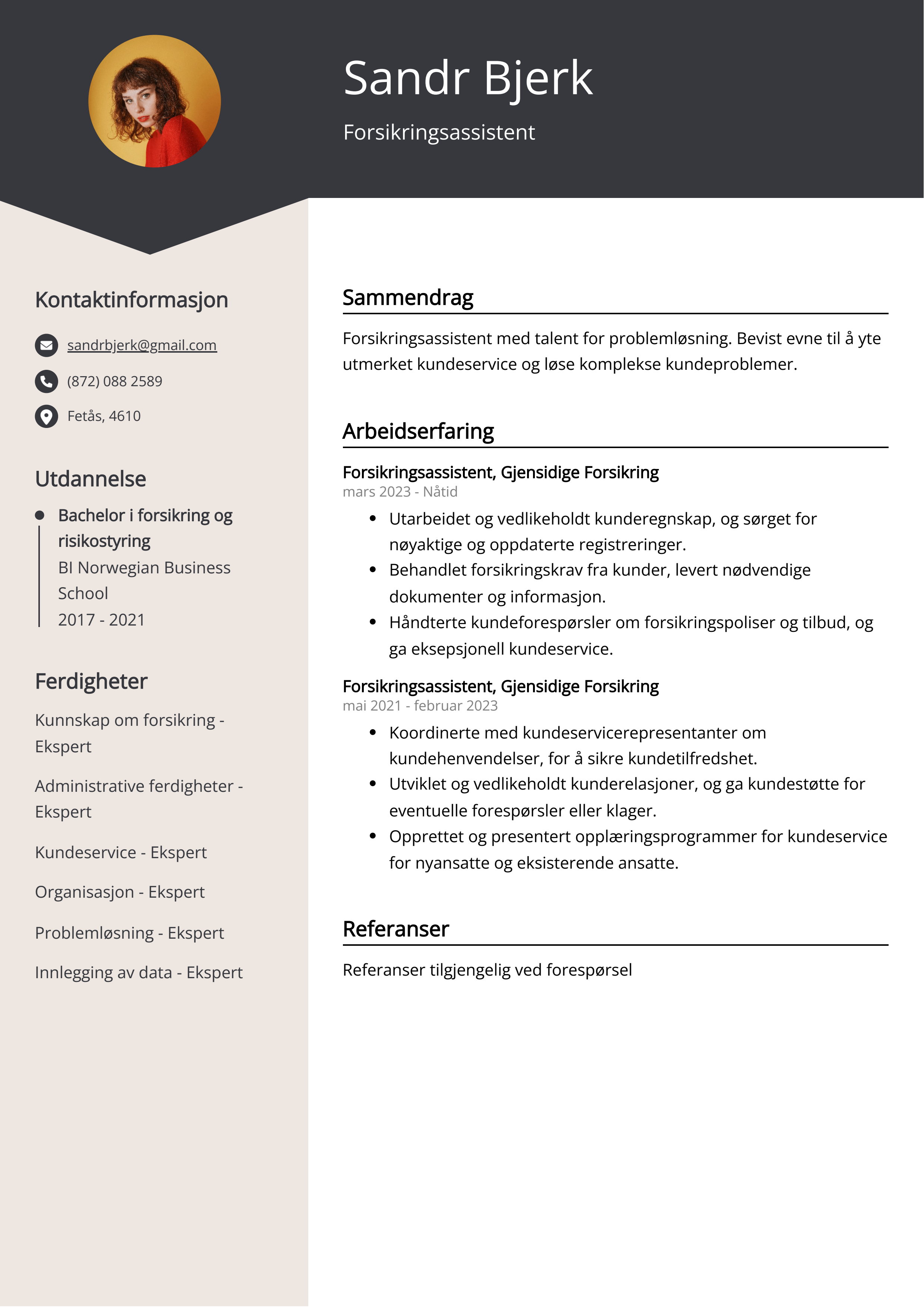 Eksempel på CV for forsikringsassistent