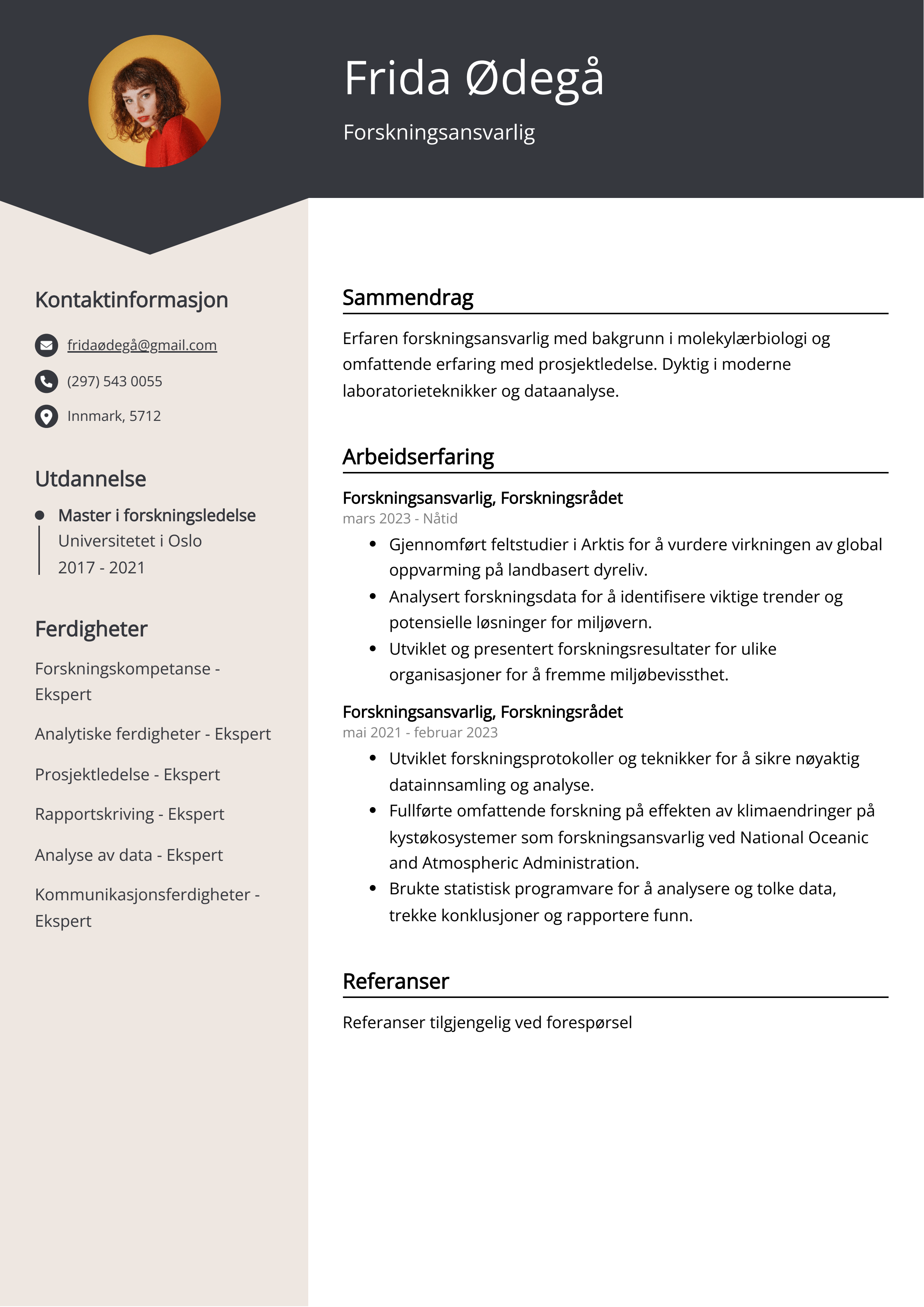 Forskningsansvarlig CV Eksempel