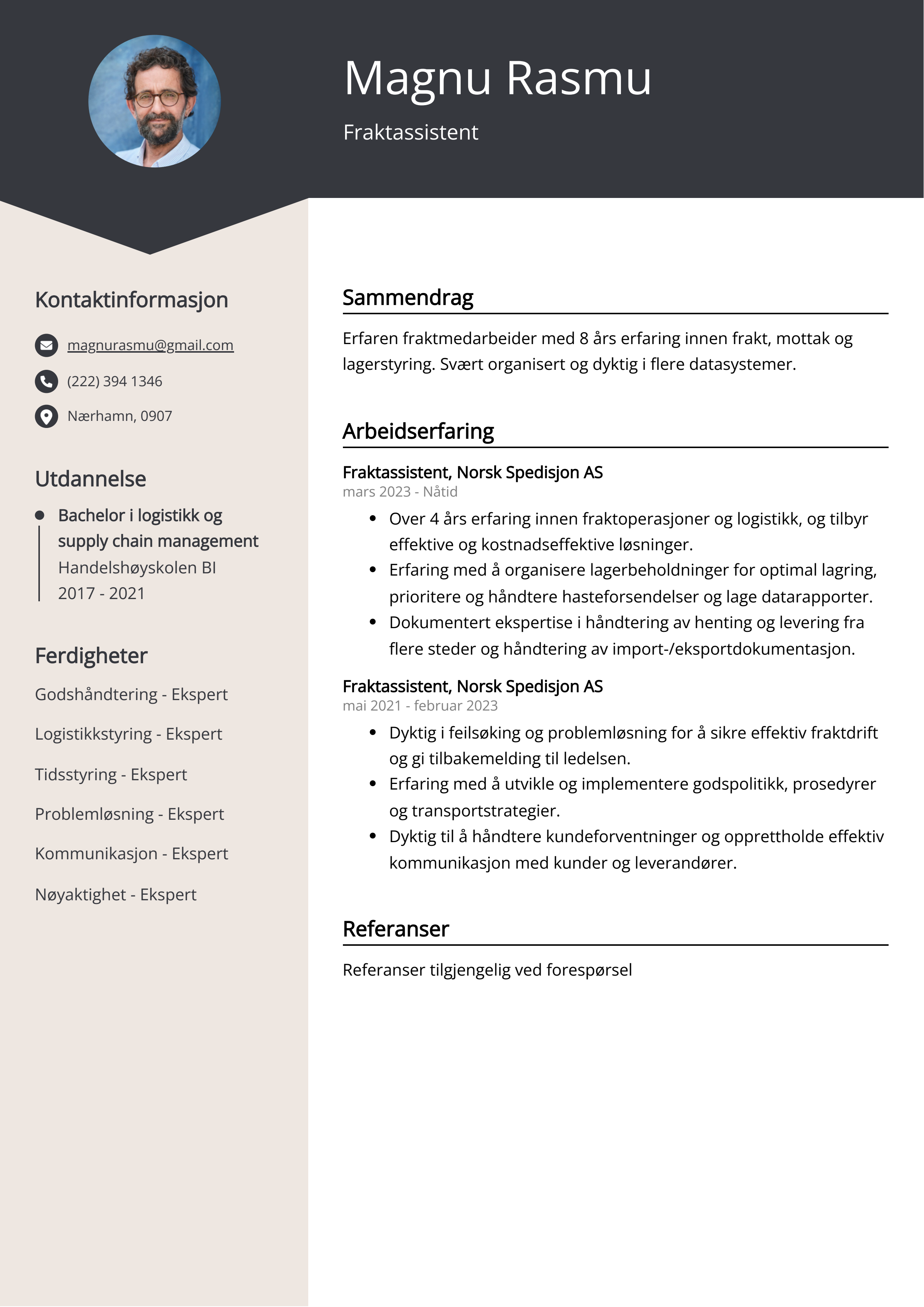 Fraktassistent CV Eksempel