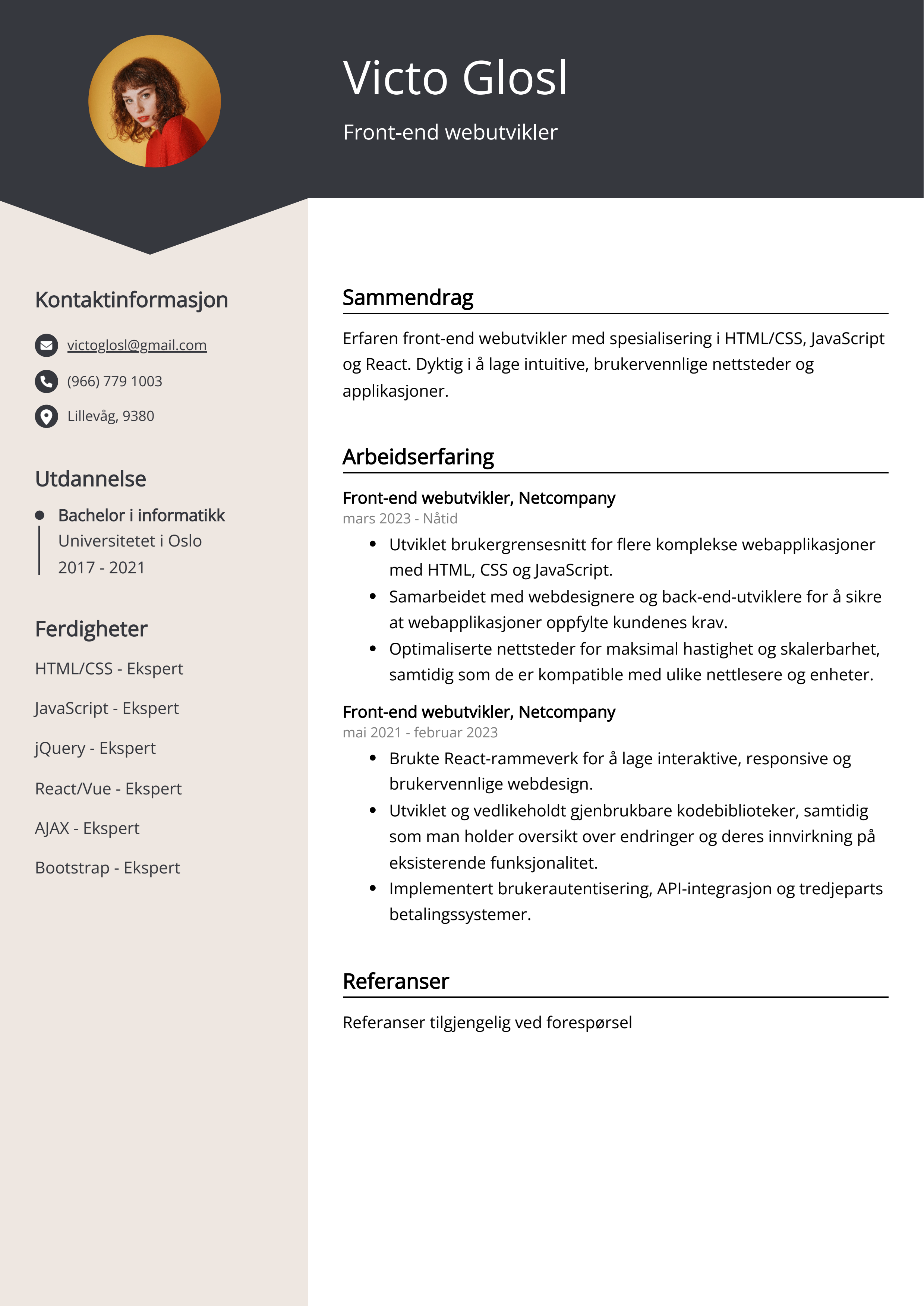 Eksempel på CV for front-end webutvikler