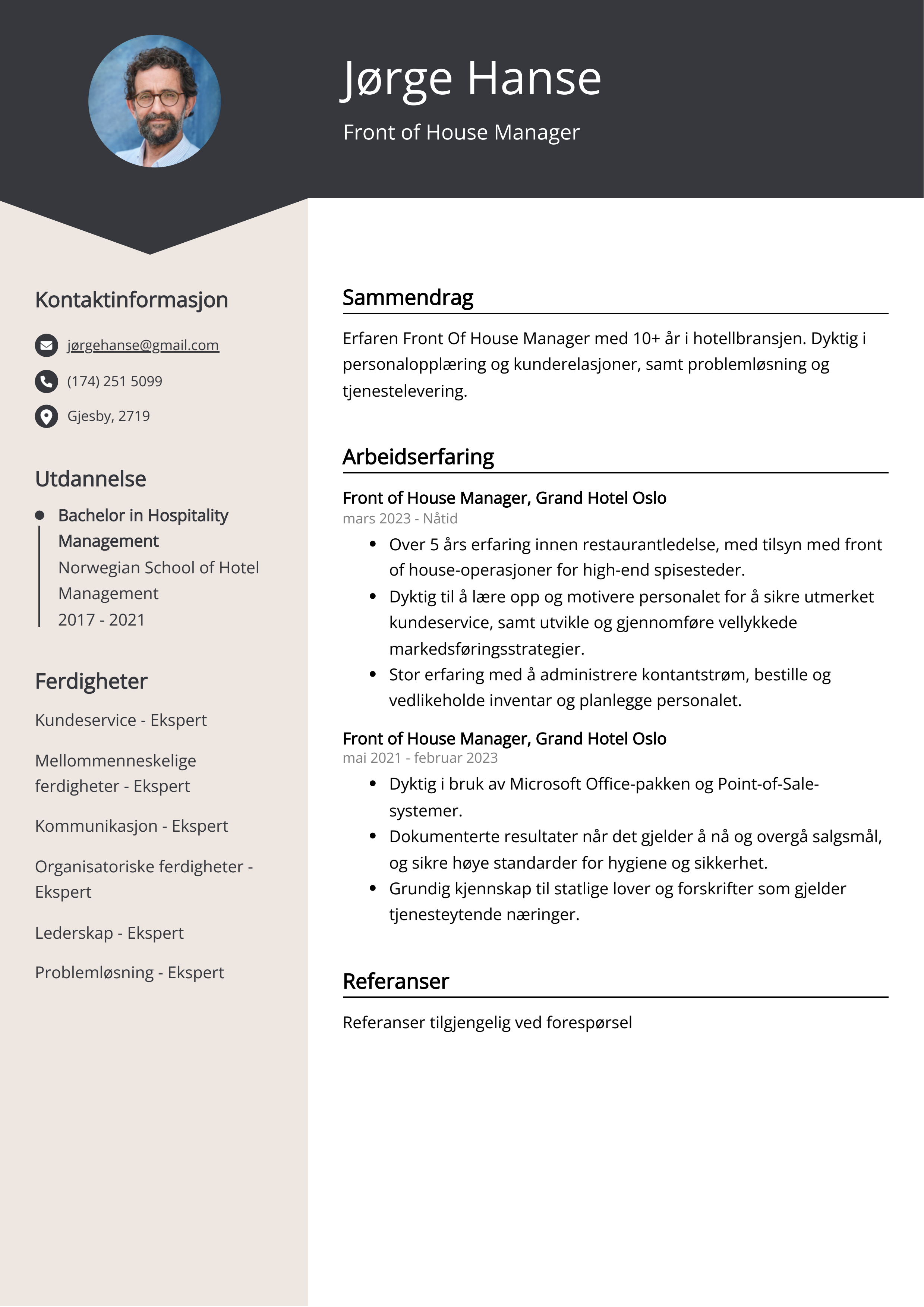 Eksempel på CV for Front of House Manager