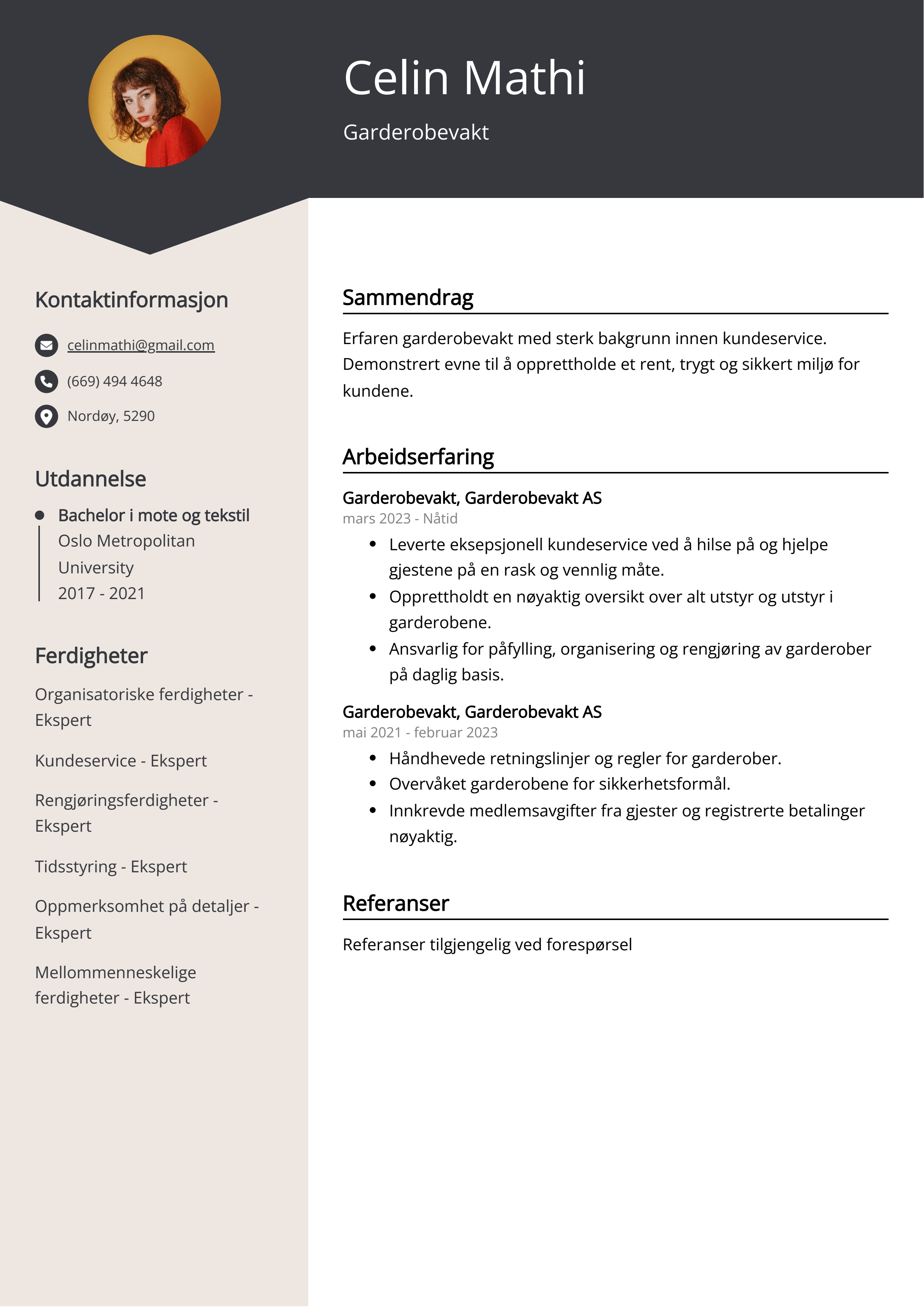 Garderobevakt CV-eksempel